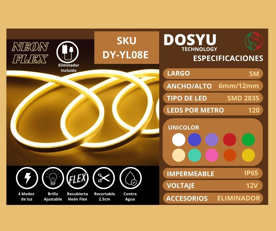 Tira Led Neón Flex con Eliminador Unicolor Decorativa 5 Metros Anti Agua DOSYU 