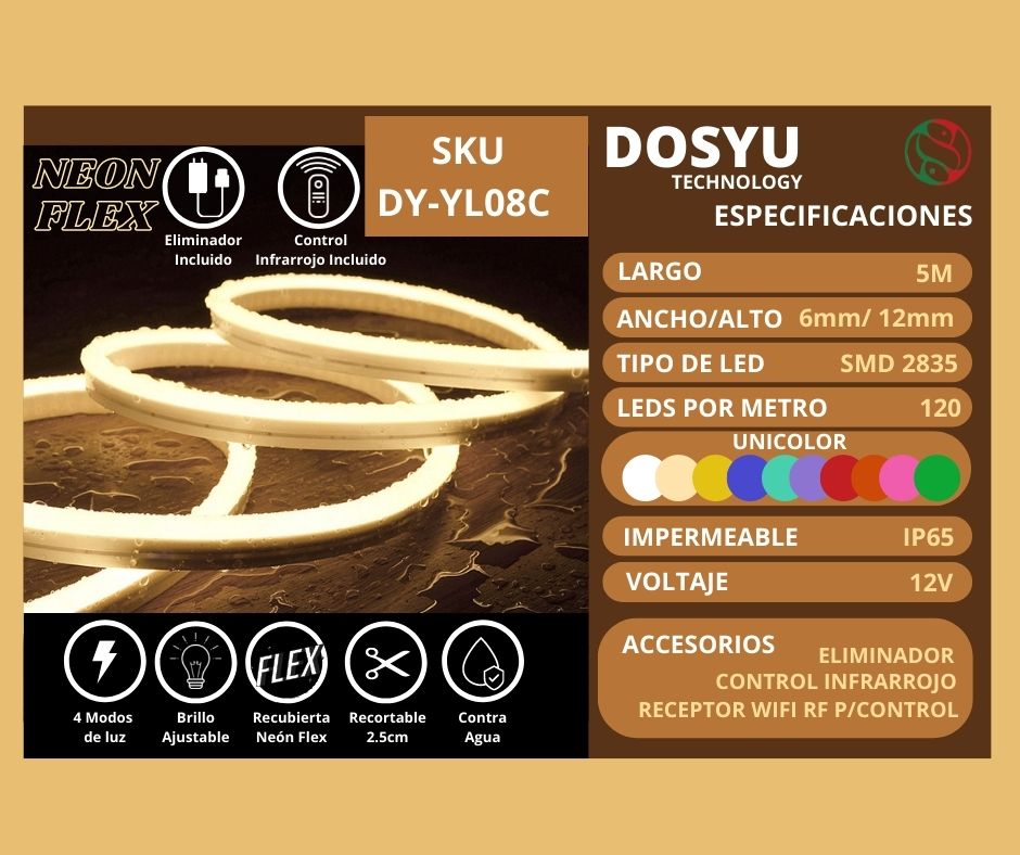 Tira Led Neón Flex con Eliminador y Controlador Unicolor Decorativa 5 Metros Anti Agua DOSYU