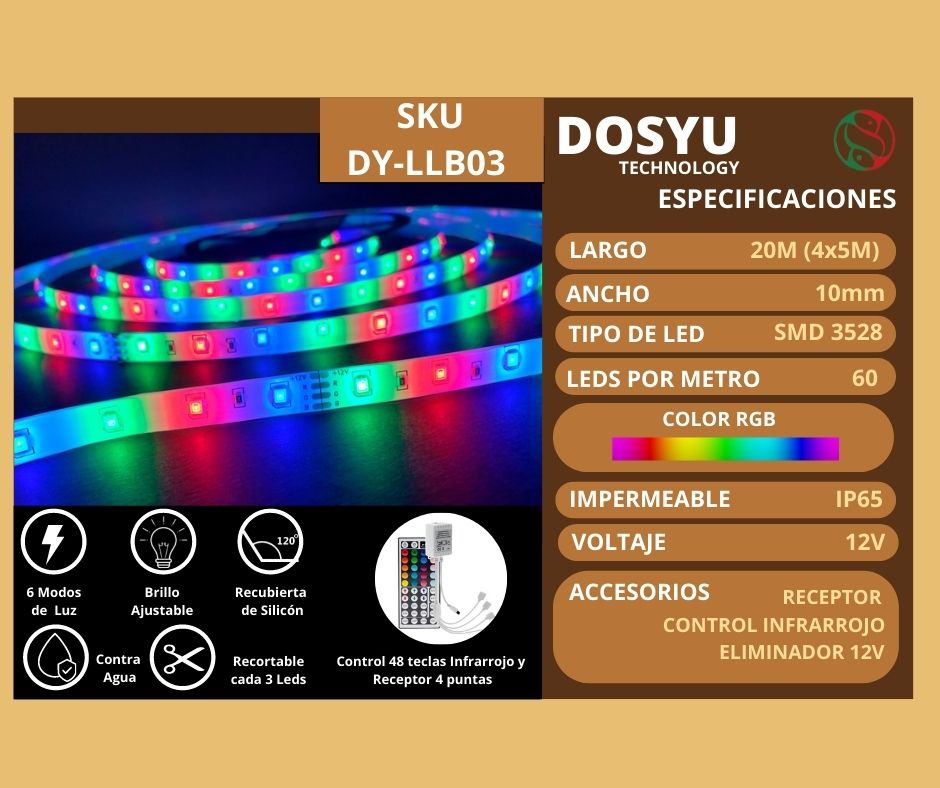 Tira led RGB 20 mts impermeable (4x5) DOSYU Tira led 3528 Anti Agua