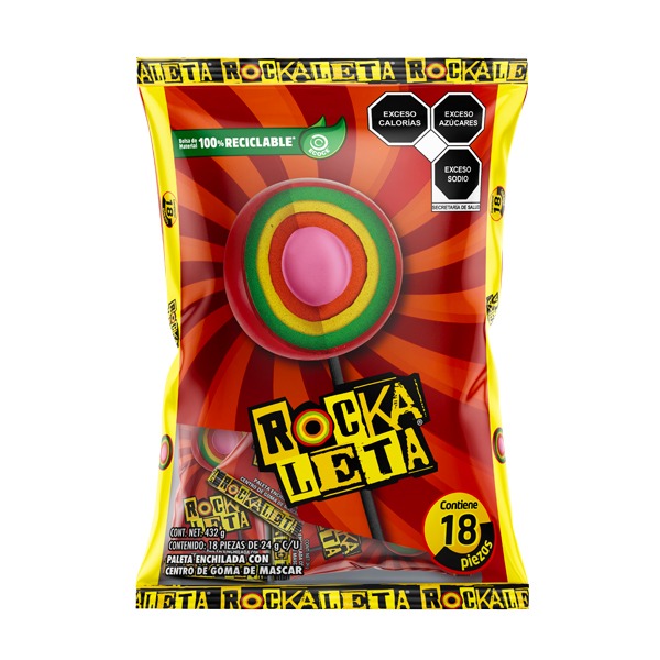 Rockaleta Paleta Enchilada con Goma de Mascar Sonrics 18pzs