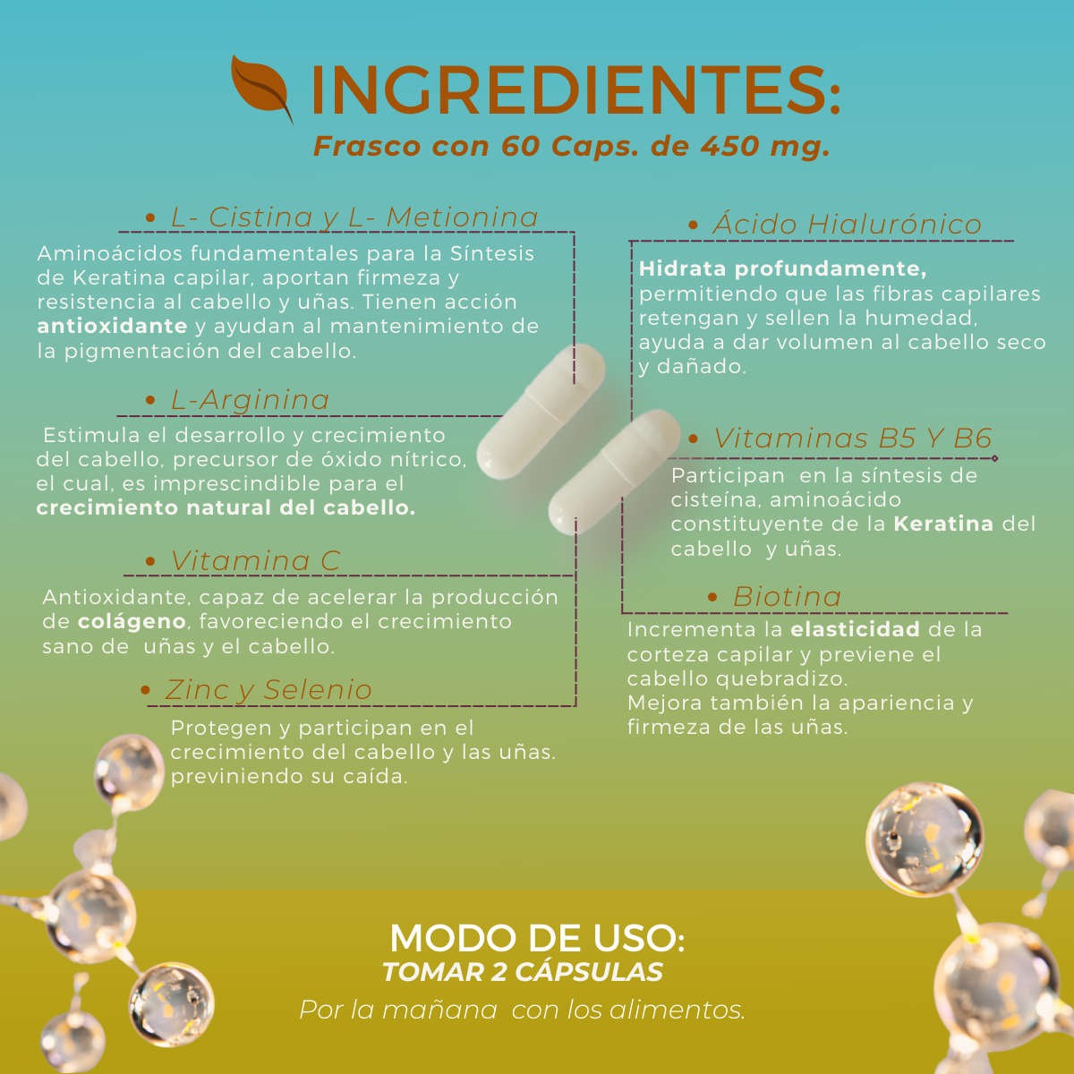 Suplemento Biotina + Acido Hialuronico + Zinc 60 Caps 450mg