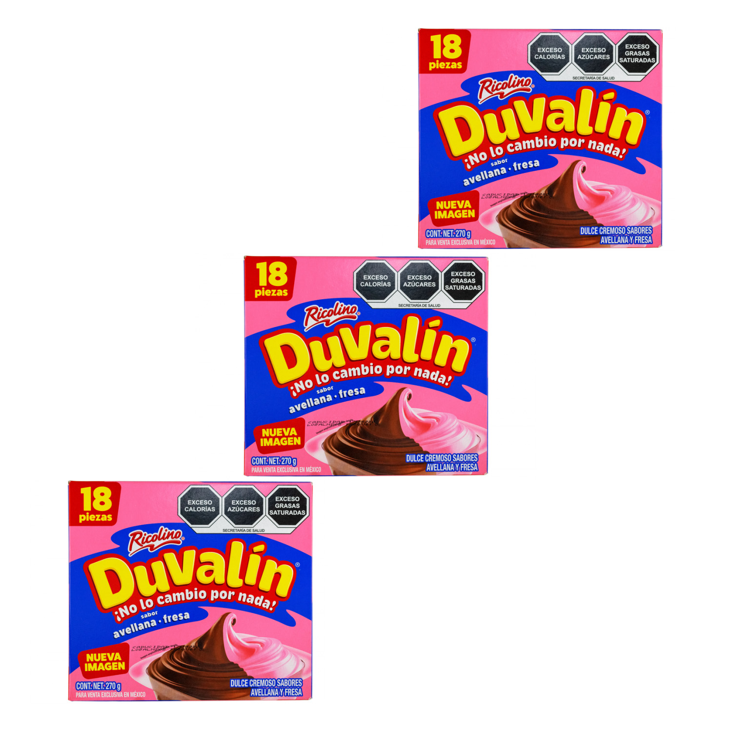 Duvalín Bi-sabor 3 Cajas con 18 piezas Crema avellana Fresa