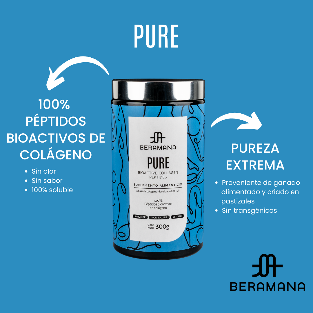 PURE Péptidos Bioactivos de Colágeno - 100% Colágeno Hidrolizado en polvo, Grass Fed, Non GMO. Sin olor y sin sabor. 100% soluble (30 porciones). BERAMANA