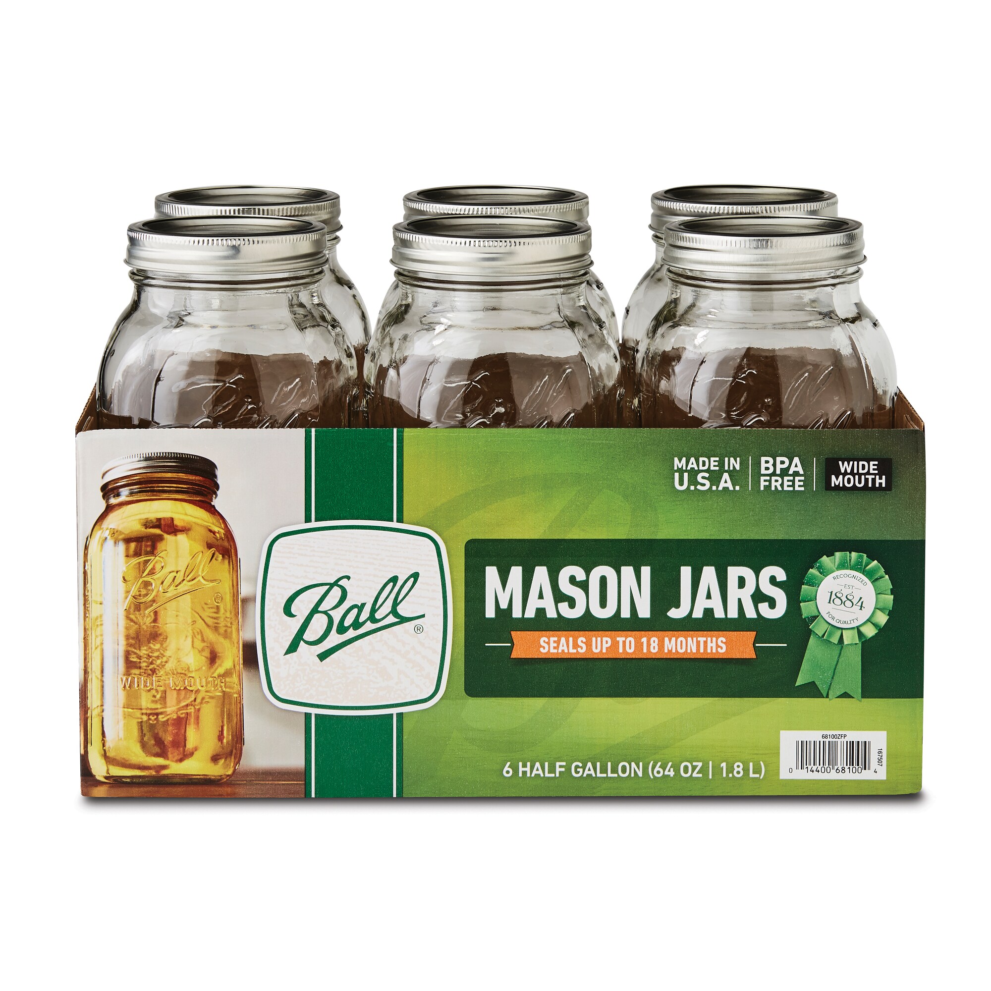 6 Pack Frasco Vidrio Mason Jar Tapa Boca Ancha Transparente 64oz/1.9L Ball