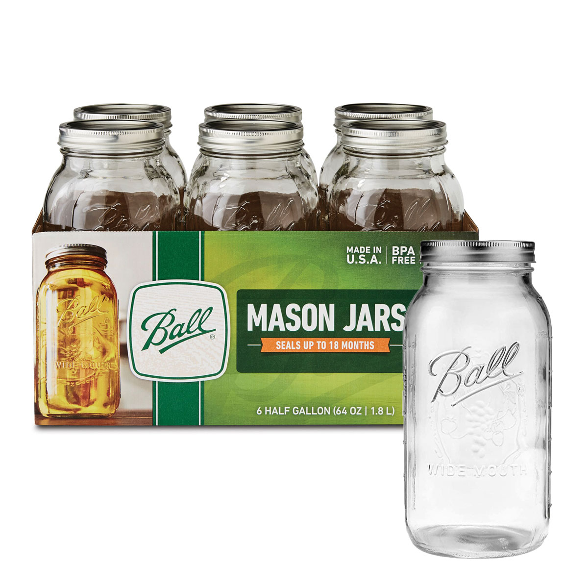 6 Pack Frasco Vidrio Mason Jar Tapa Boca Ancha Transparente 64oz/1.9L Ball