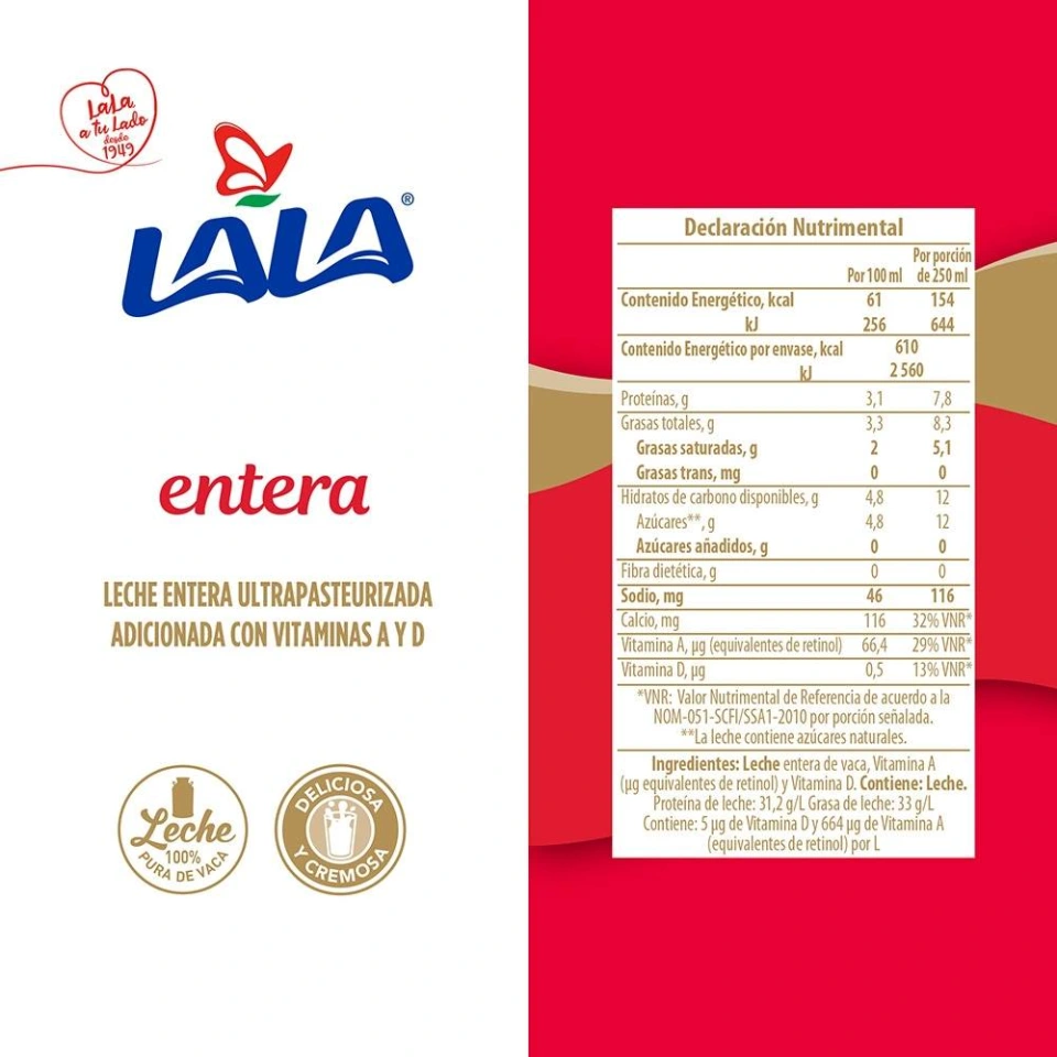 Caja 12 Leche Lala Entera Ultra Pasteurizada