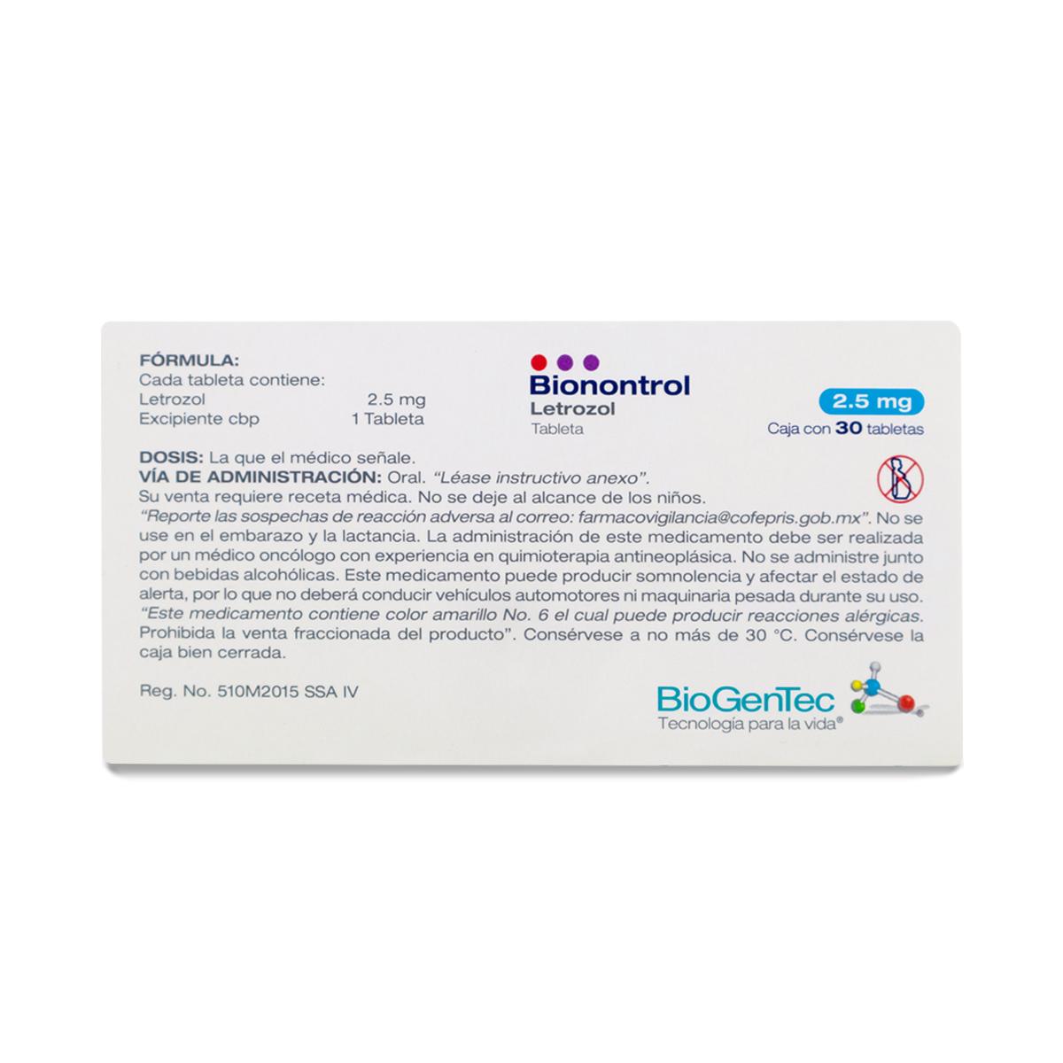 Medicamento  Bionontrol Letrozol 30 Tabletas 2.5mg Biogentec 