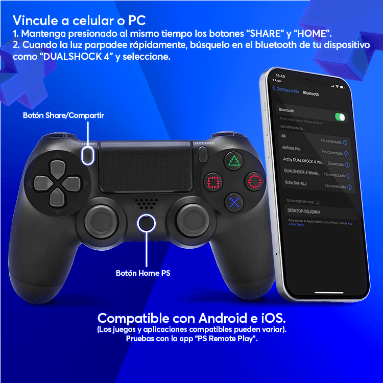 Control Generico Inalámbrico Archy Ergonómico Con entrada de audífonos Compatible con ps4 ps5 Emuladores con Vibración Doble Dual.