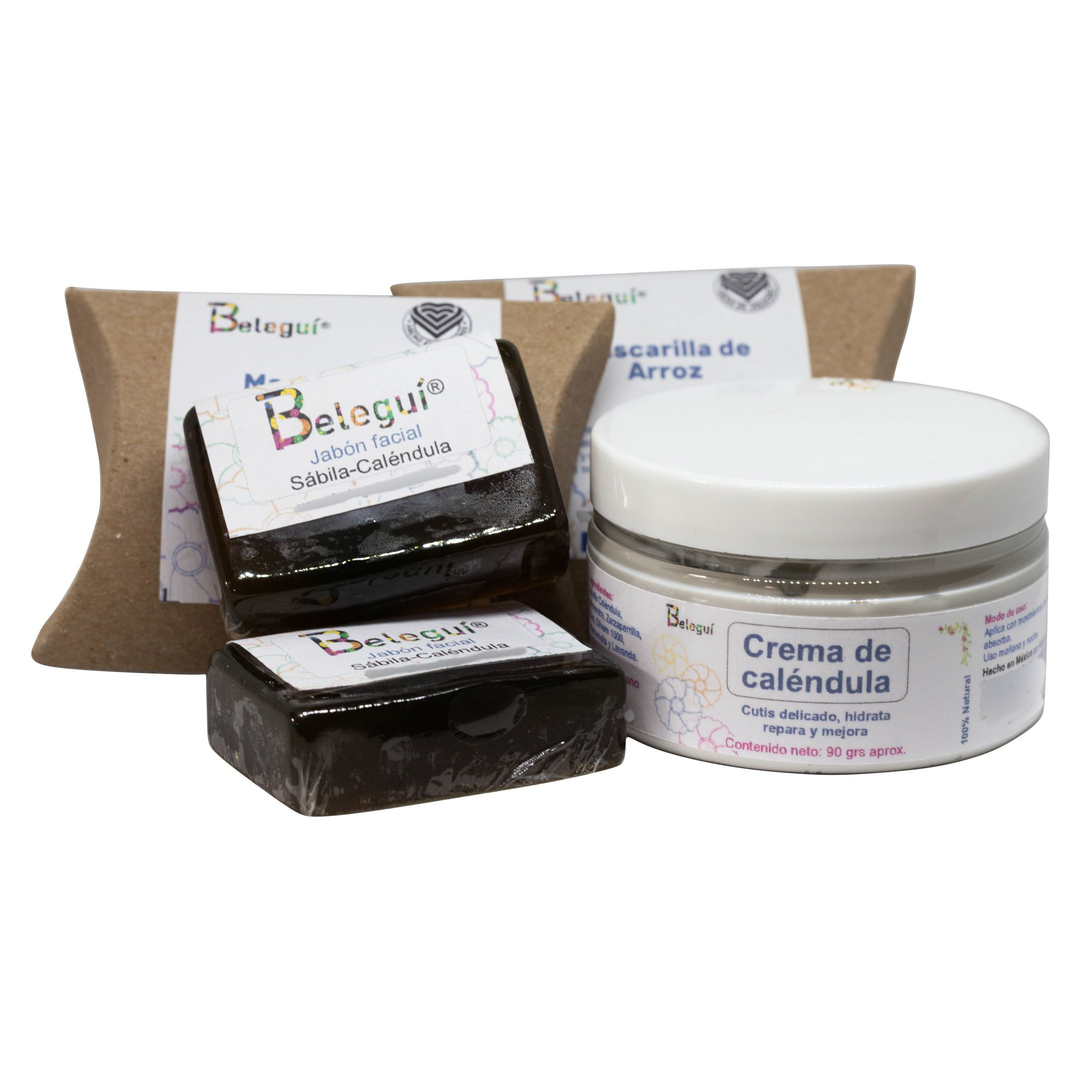 Kit de Caléndula, Beleguí. 5 piezas. Cutis sensible. Crema, Jabones y Mascarilla