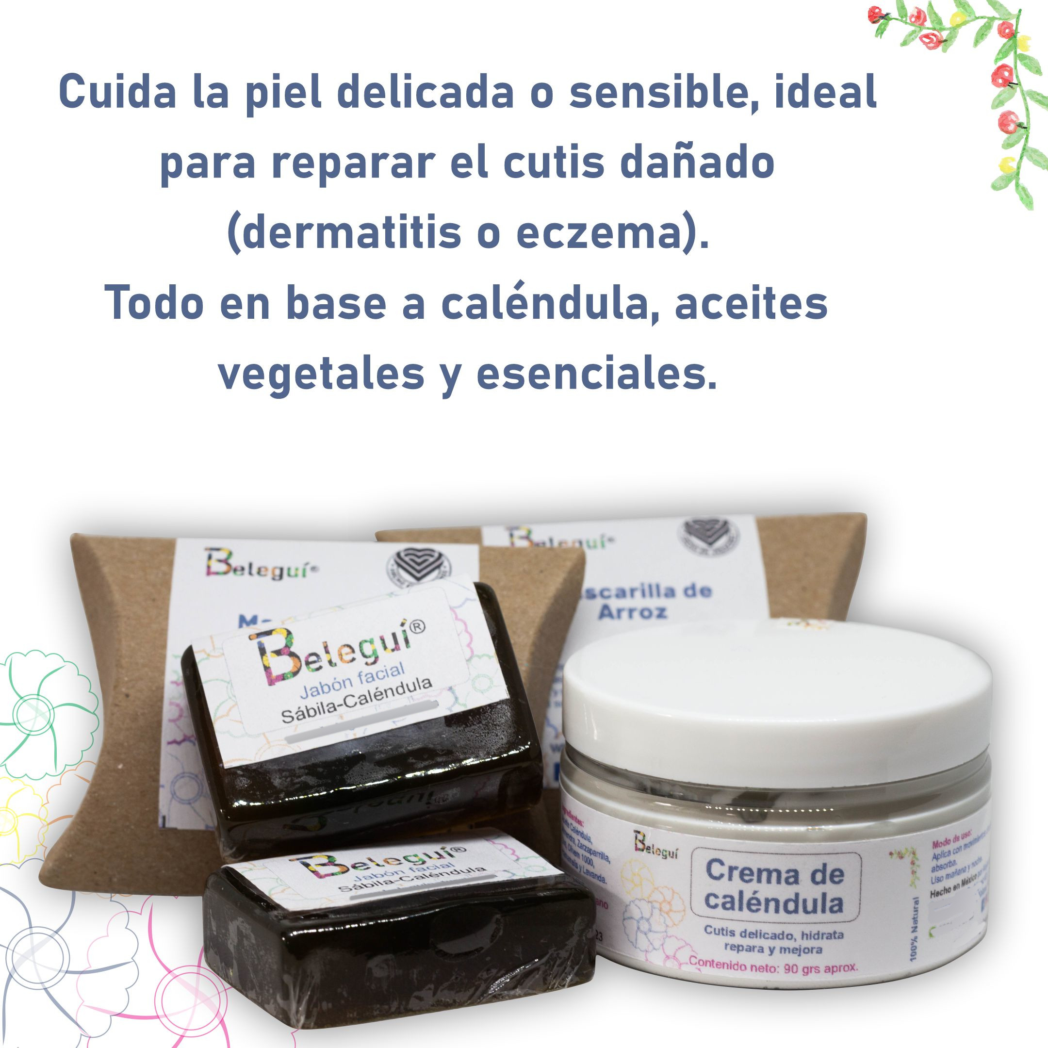 Kit de Caléndula, Beleguí. 5 piezas. Cutis sensible. Crema, Jabones y Mascarilla