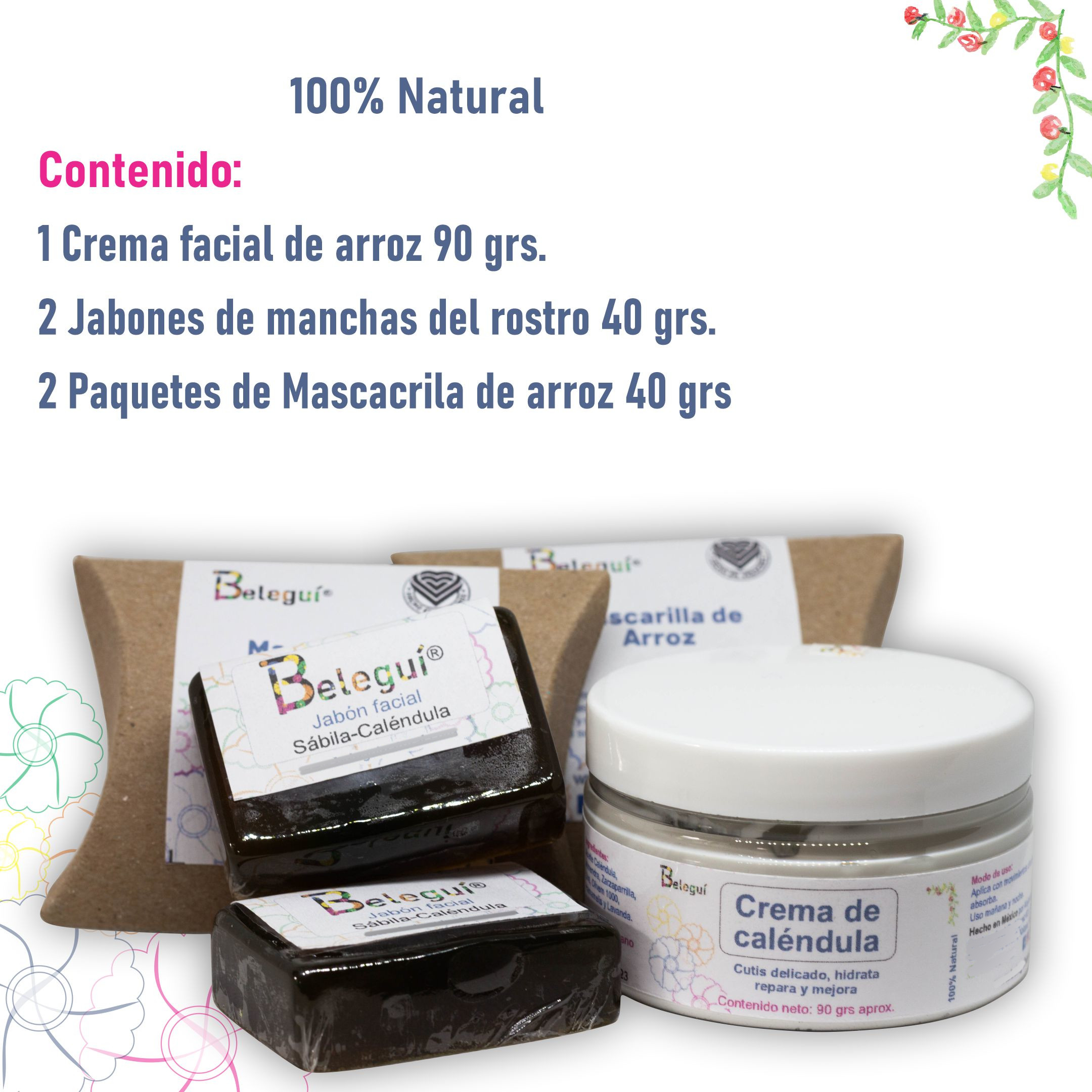 Kit de Caléndula, Beleguí. 5 piezas. Cutis sensible. Crema, Jabones y Mascarilla