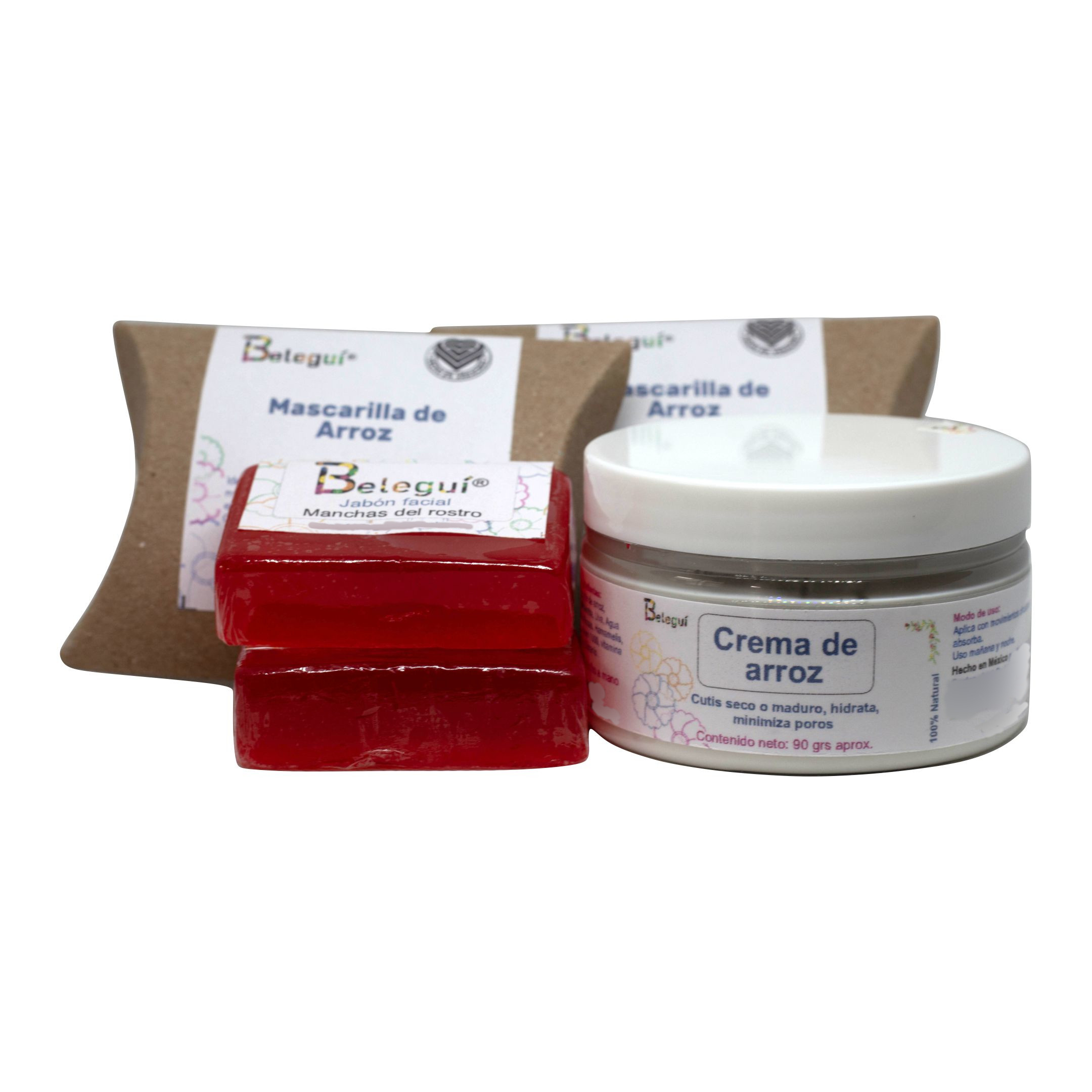 Kit de Arroz, Beleguí 5 Piezas. Cutis seco o maduro Crema, Jabones y Mascarilla