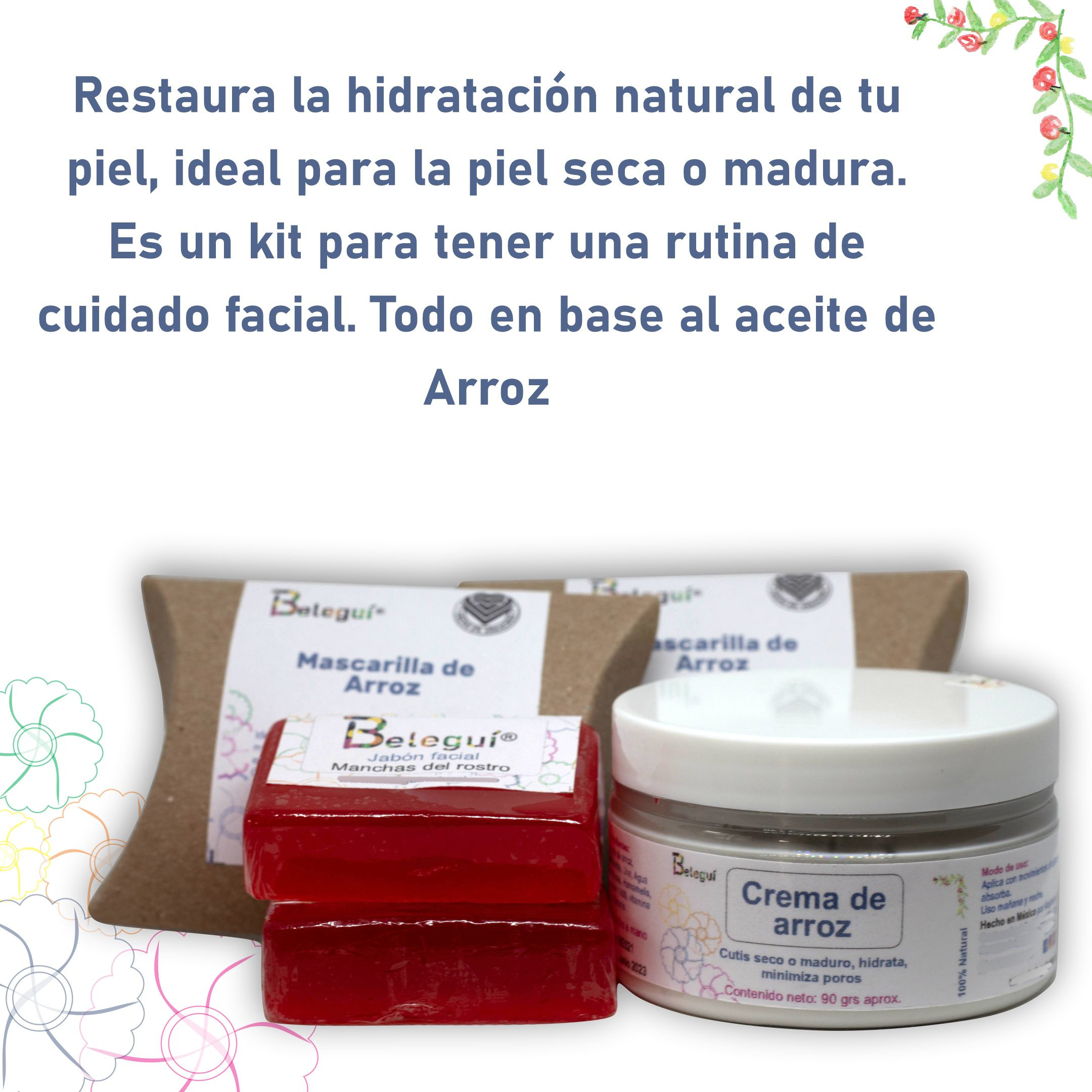 Kit de Arroz, Beleguí 5 Piezas. Cutis seco o maduro Crema, Jabones y Mascarilla