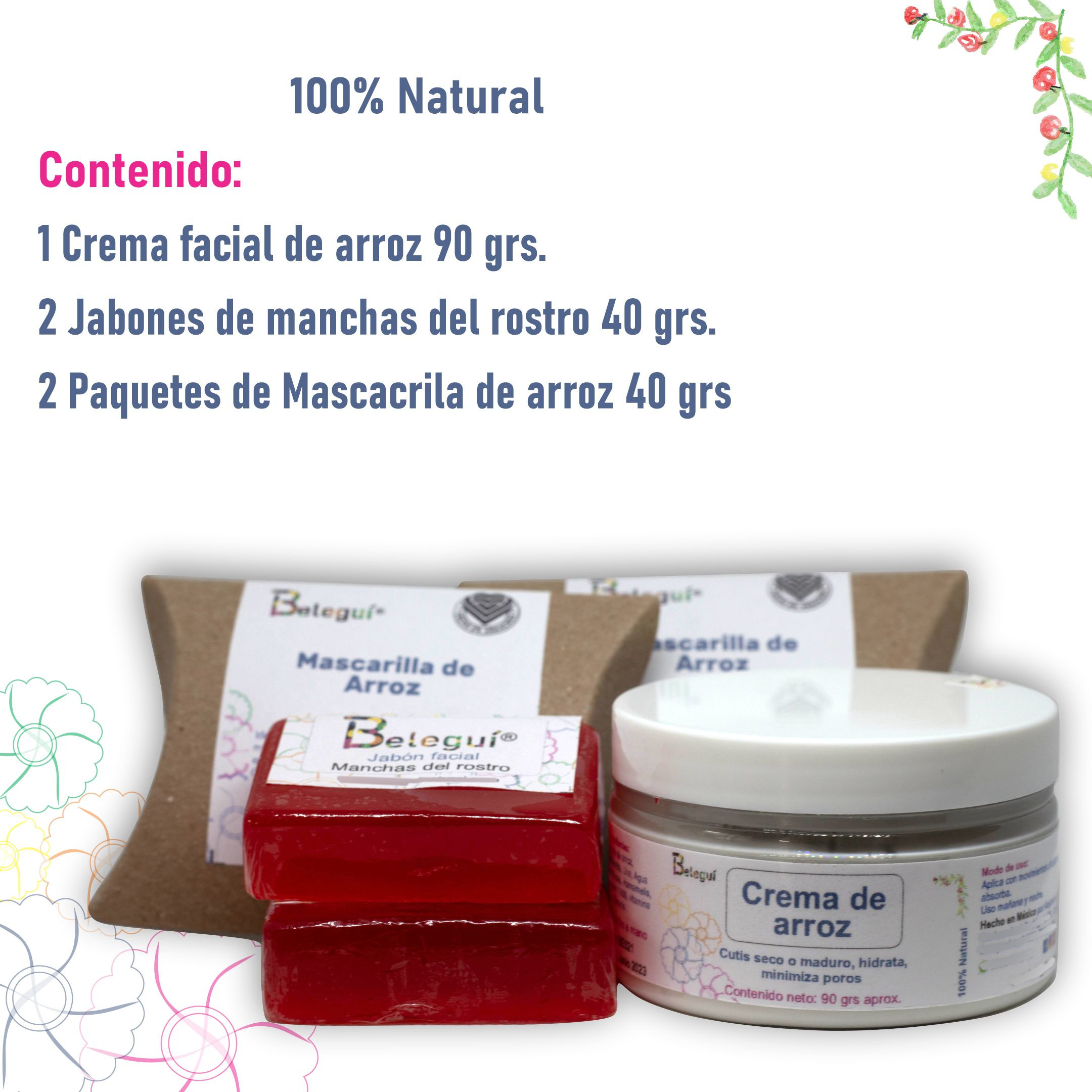 Kit de Arroz, Beleguí 5 Piezas. Cutis seco o maduro Crema, Jabones y Mascarilla