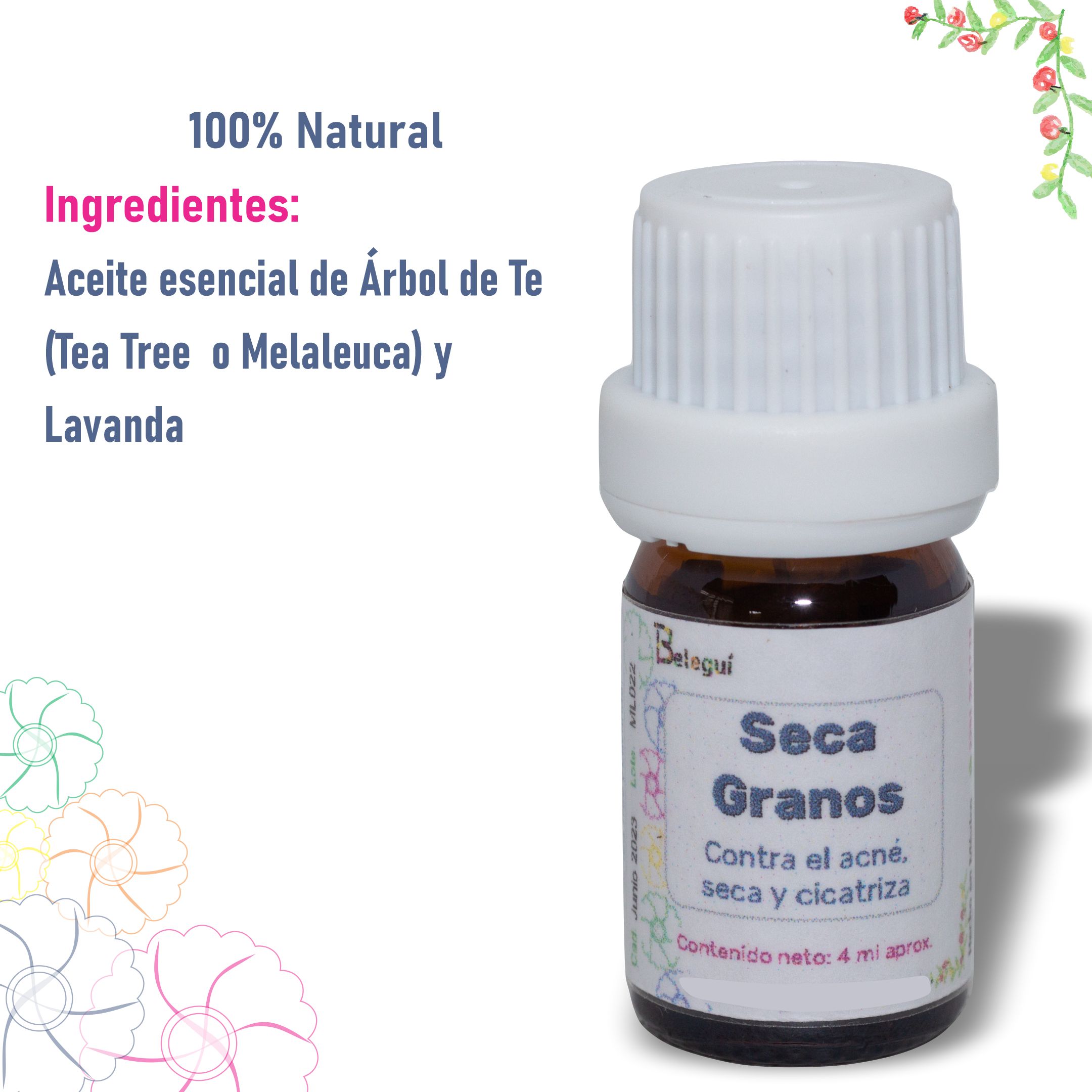 Seca Granos Beleguí. Contra el acné, seca y cicatriza. Aceite de árbol de Te y Lavanda