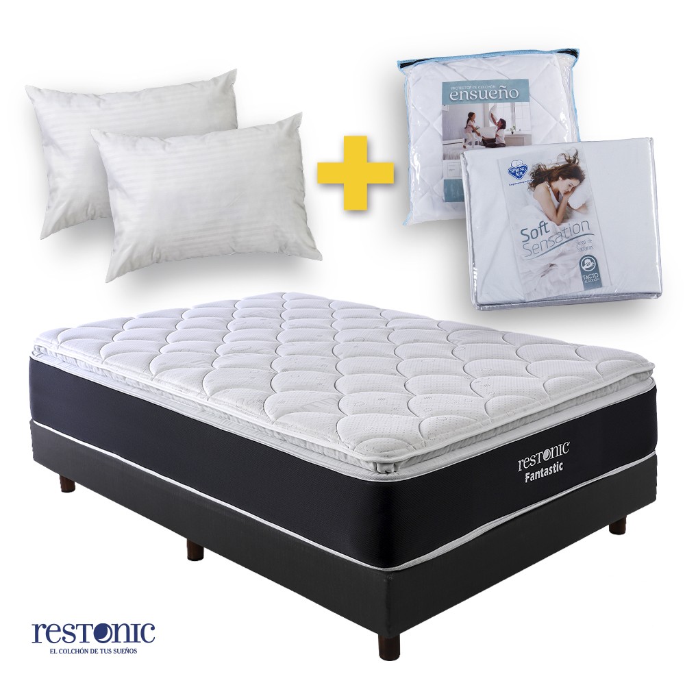 Colchon + Box Restonic Fantastic King Size + 2 Almohadas + Juego De Sabanas + Protector