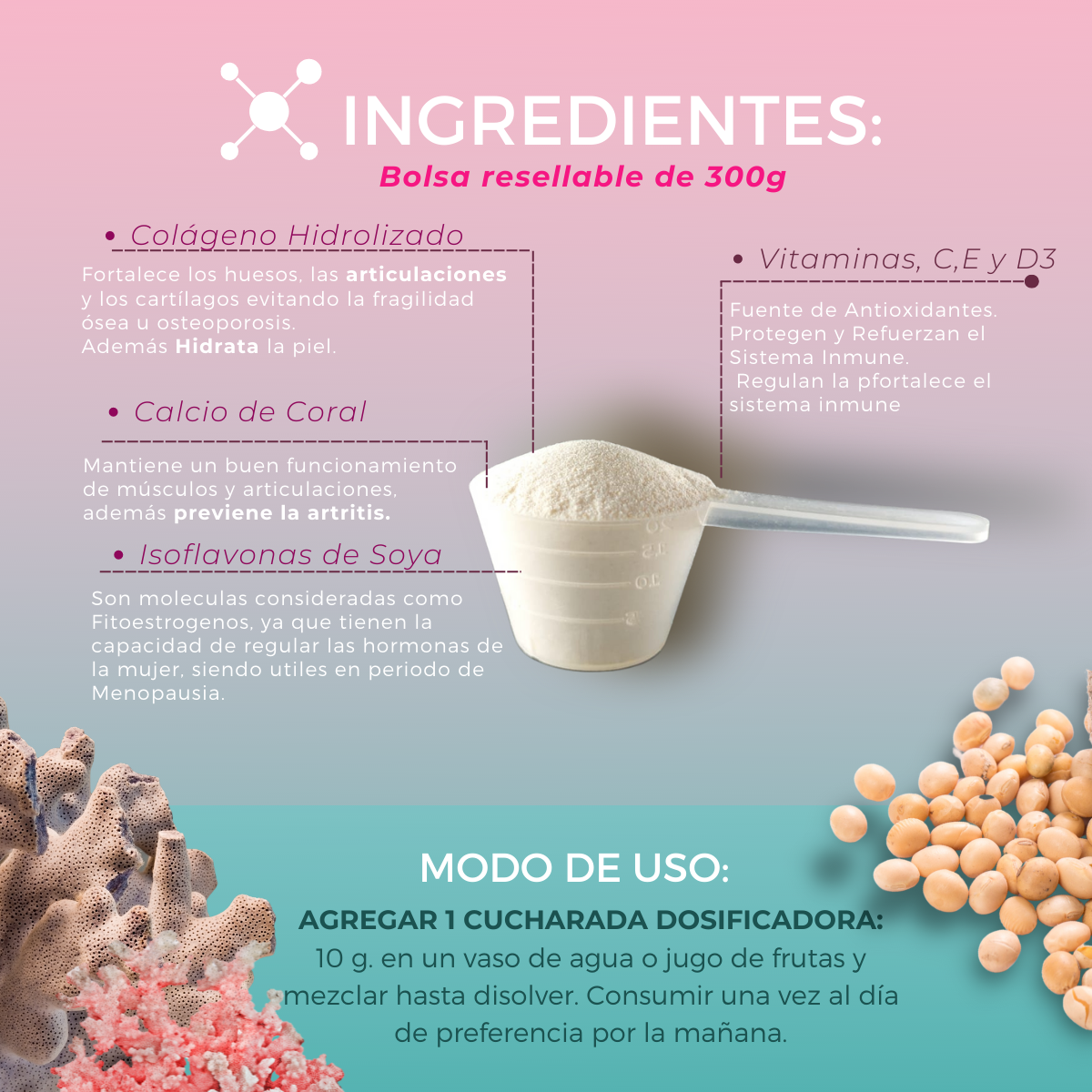 Colágeno Hidrolizado 100% Puro Isoflavonas Y Vitaminas 300g