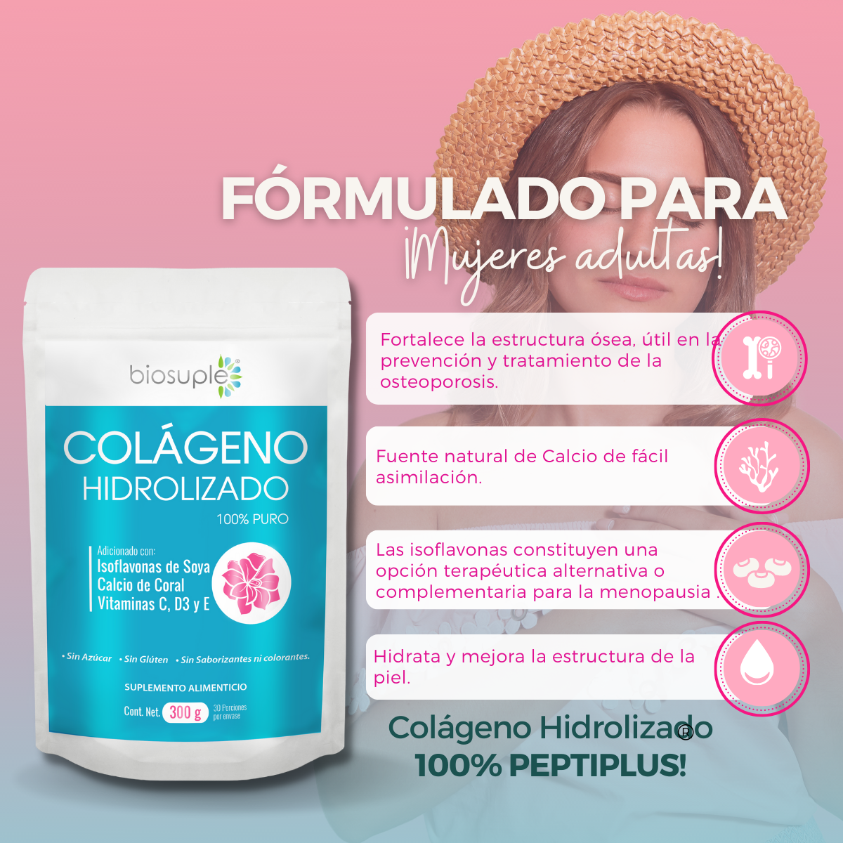 Colágeno Hidrolizado 100% Puro Isoflavonas Y Vitaminas 300g