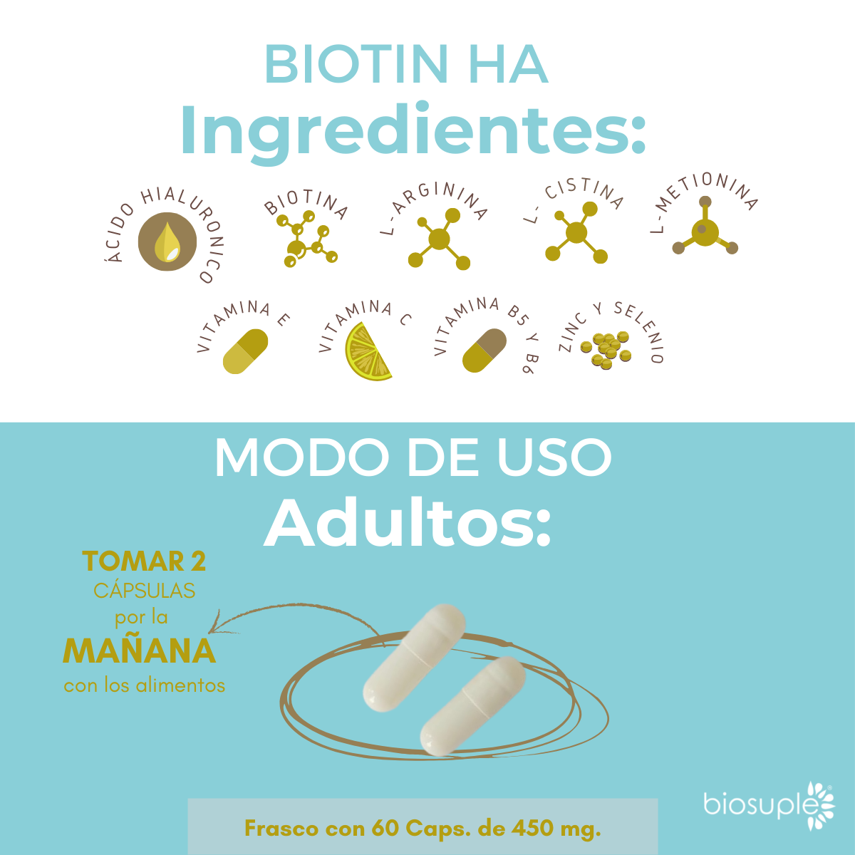 Suplemento Biotina + Acido Hialuronico + Zinc 60 Caps 450mg