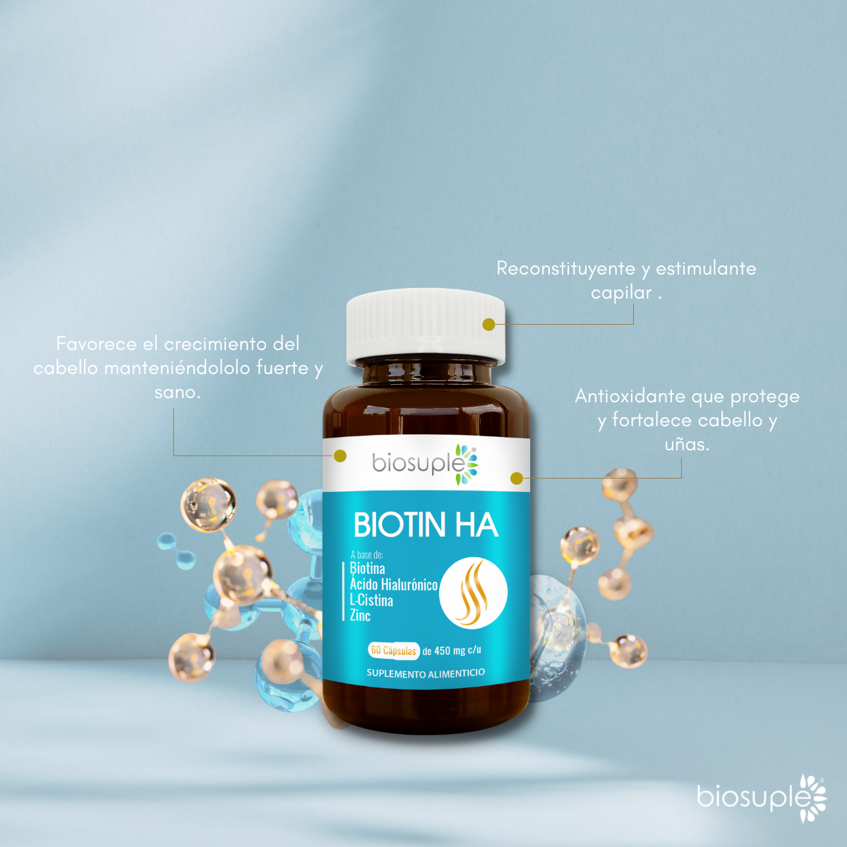 Suplemento Biotina + Acido Hialuronico + Zinc 60 Caps 450mg