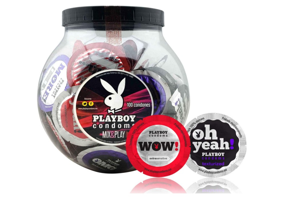 100 Condones Playboy® Mix & Play Preservativos Con Vitrolero Esfera
