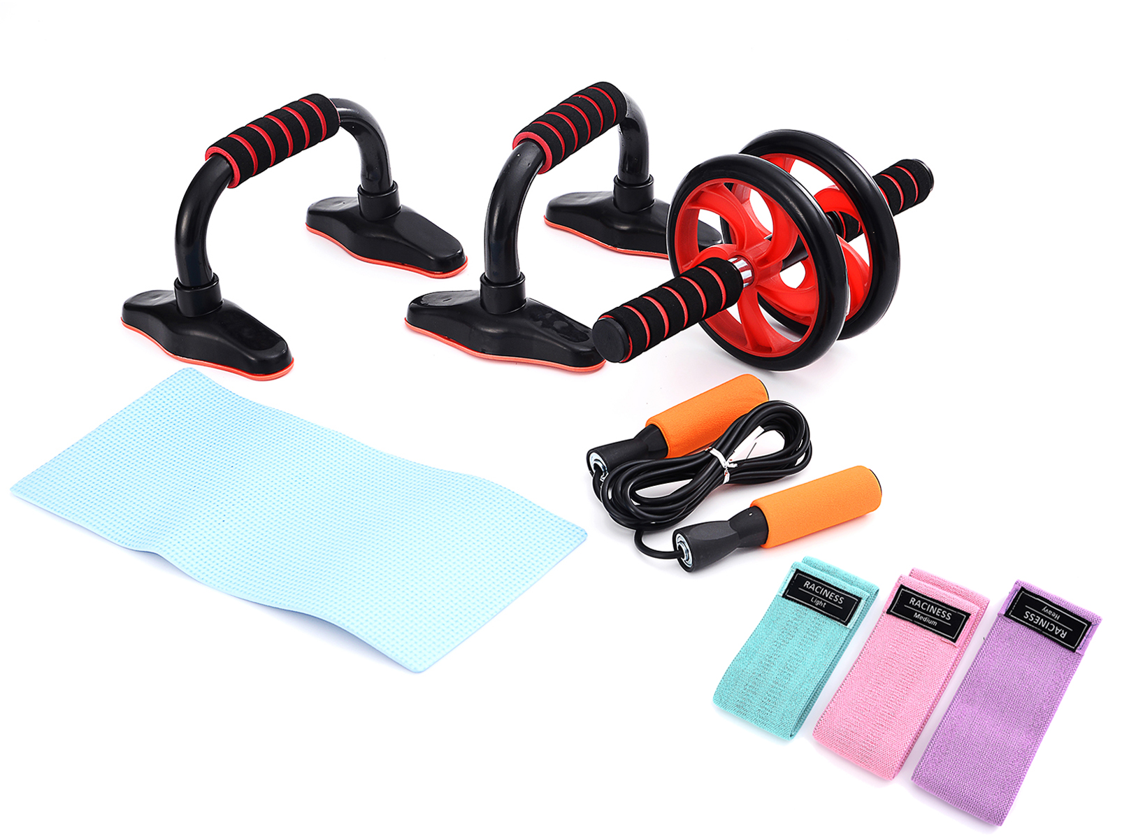 Set Fitness Completo, Barras para Flexiones, Rodillo AB, Cuerda para Saltar y Bandas Elásticas de Resistencia