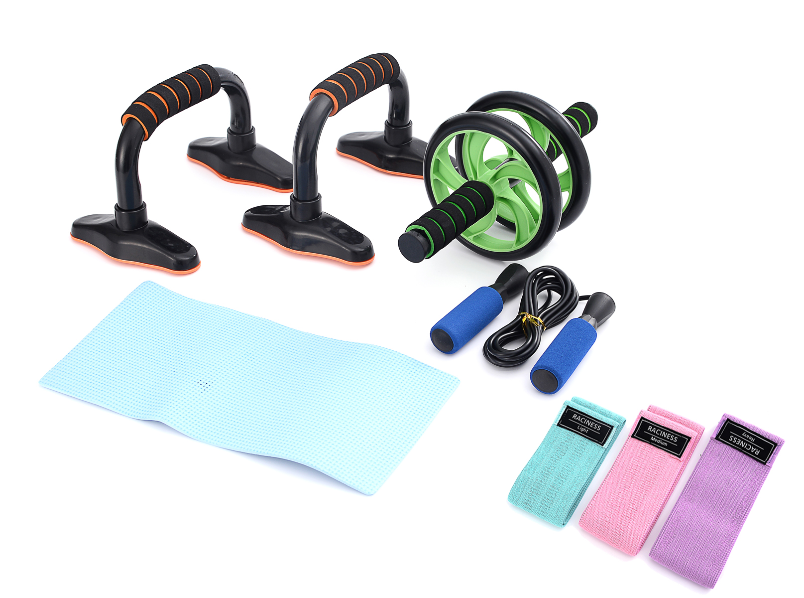 Set Fitness Completo, Barras para Flexiones, Rodillo AB, Cuerda para Saltar y Bandas Elásticas de Resistencia