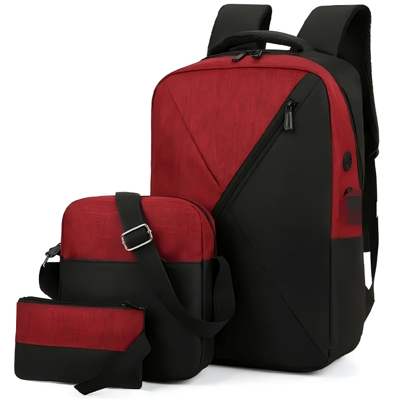 Mochila Antirrobo Carga Usb Escolar Laptop Casual 3 Piezas Roja.