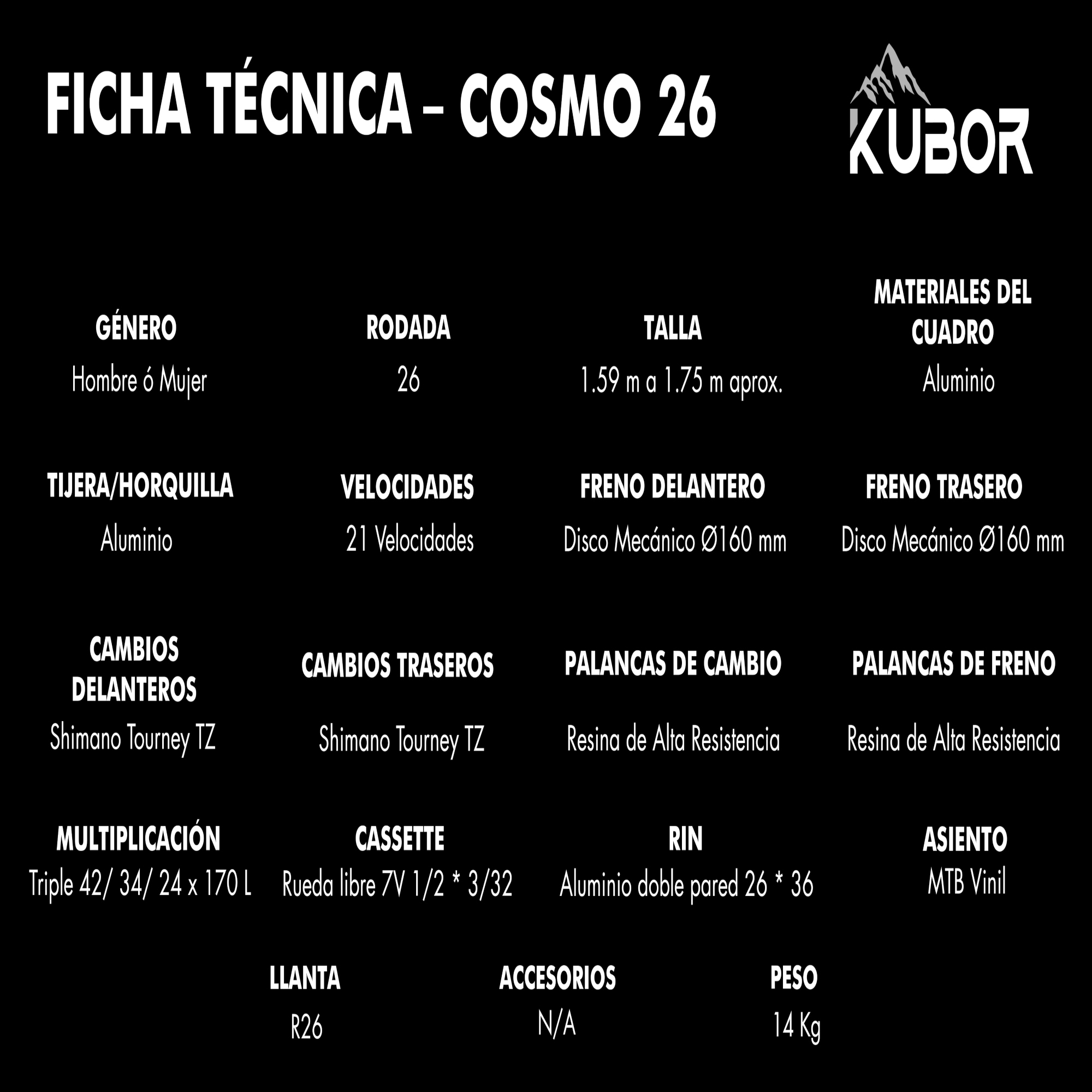 Bicicleta De Montaña Aluminio Rodada 26 21 Velocidades Kubor