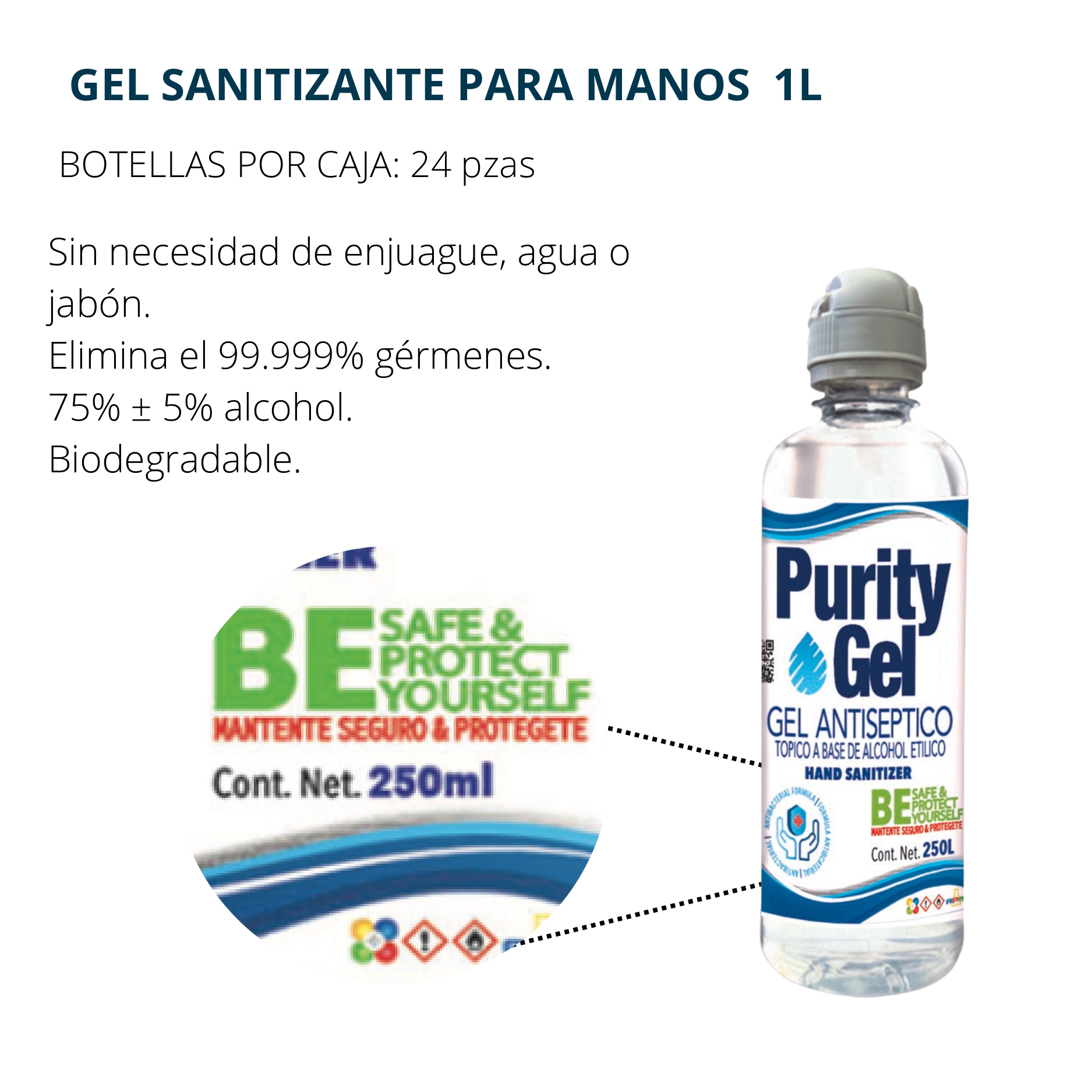Gel Antibacterial Para Manos 250ml Purity Gel Mayoreo 24pzas