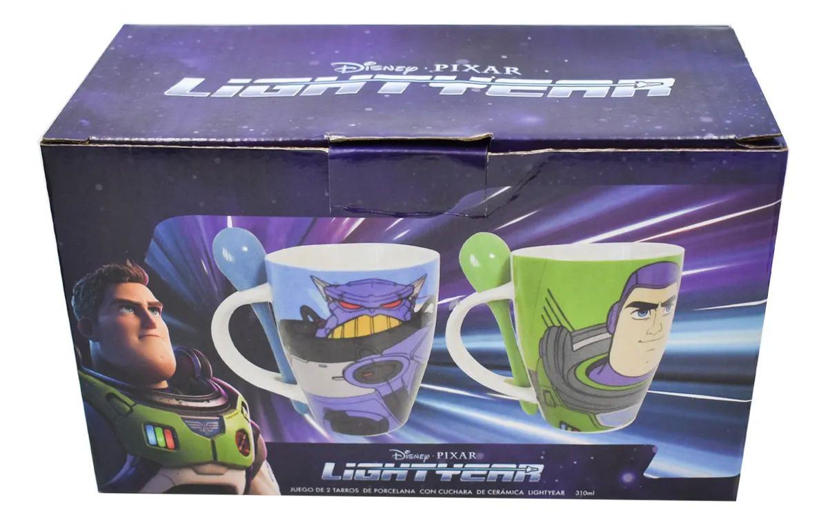 2 Tazas Para Café Disney Buzz Lightyear Porcelana C/ Cucharas Fun Kids