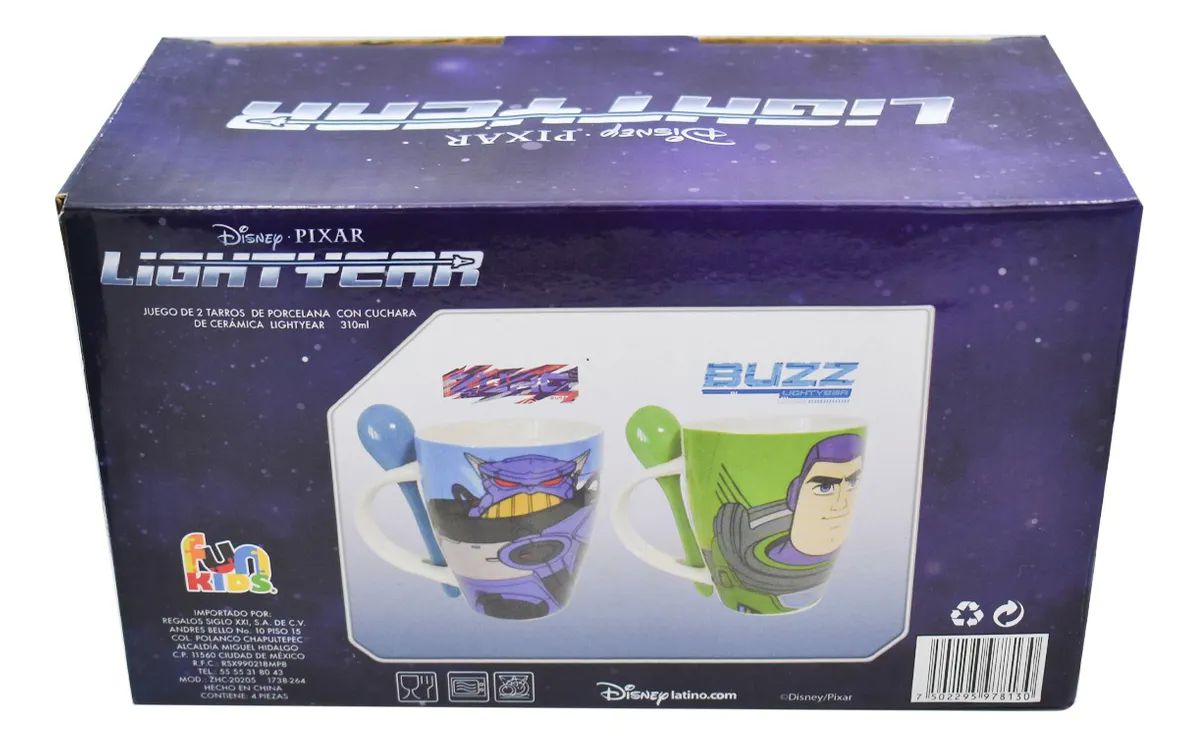 2 Tazas Para Café Disney Buzz Lightyear Porcelana C/ Cucharas Fun Kids