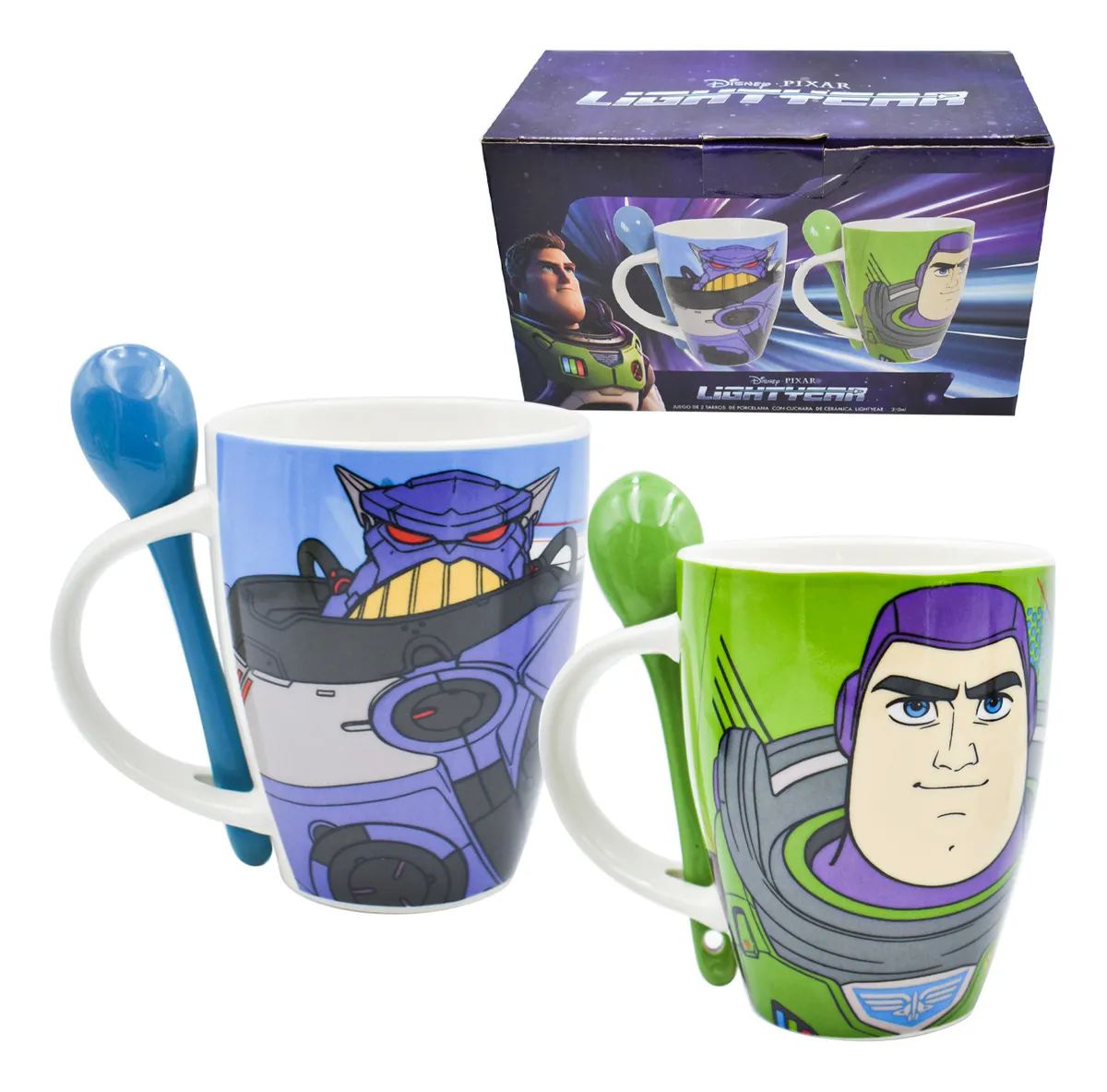 2 Tazas Para Café Disney Buzz Lightyear Porcelana C/ Cucharas Fun Kids