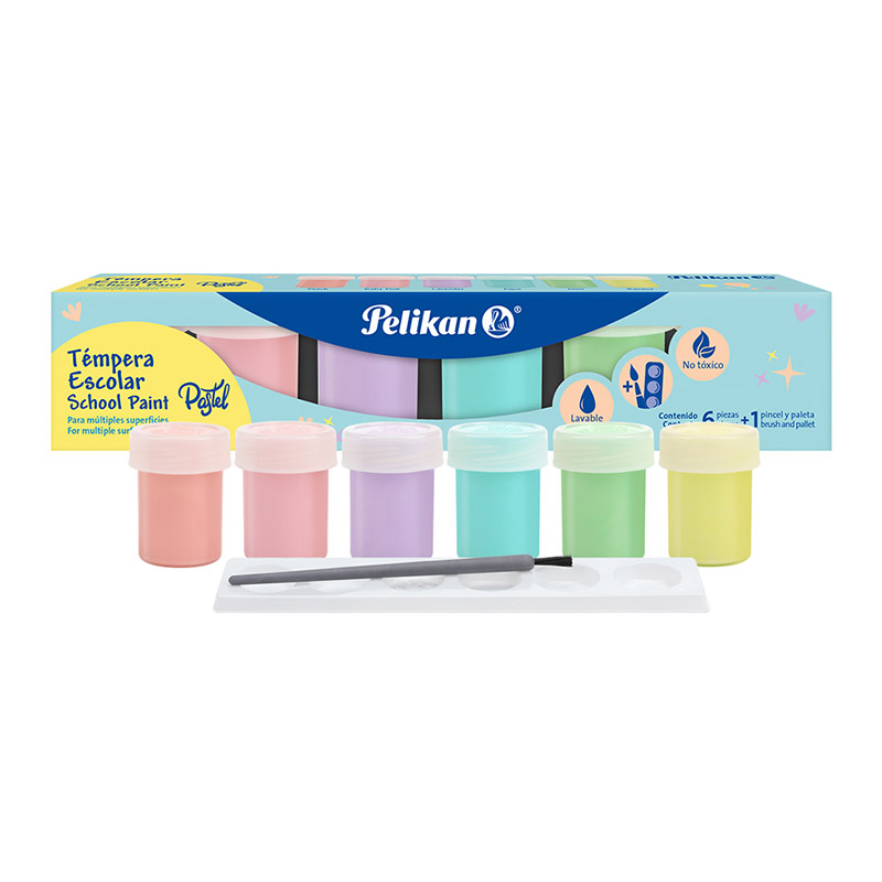 Set De 6 Pinturas Tempera Pastel Pelikan + Pincel + Godete