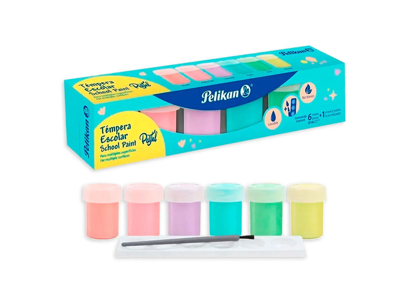 Set De 6 Pinturas Tempera Pastel Pelikan + Pincel + Godete