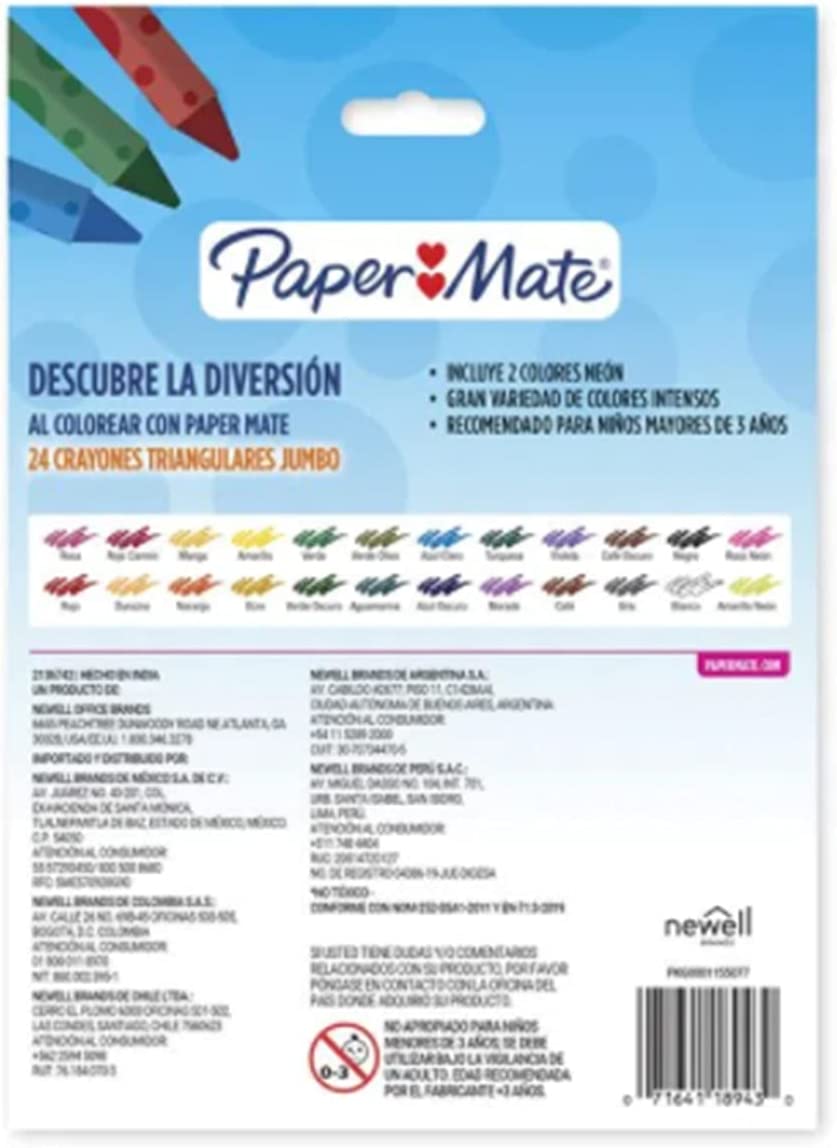 Paper Mate crayones jumbo triangulares con 24 piezas, incluye 2 crayones neón