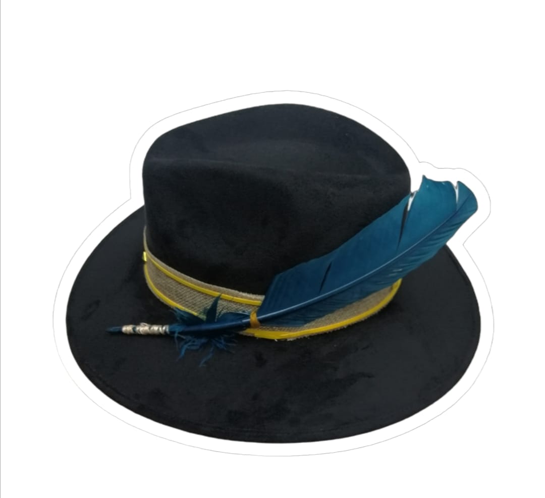 Sombrero Tipo Indiana Terciopelo Negro Con Pluma Azul