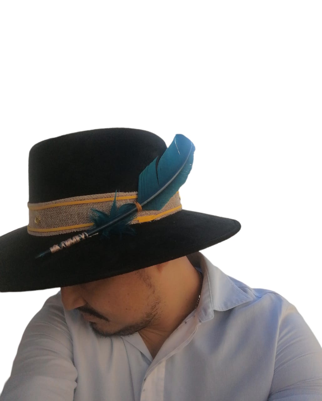 Sombrero Tipo Indiana Terciopelo Negro Con Pluma Azul