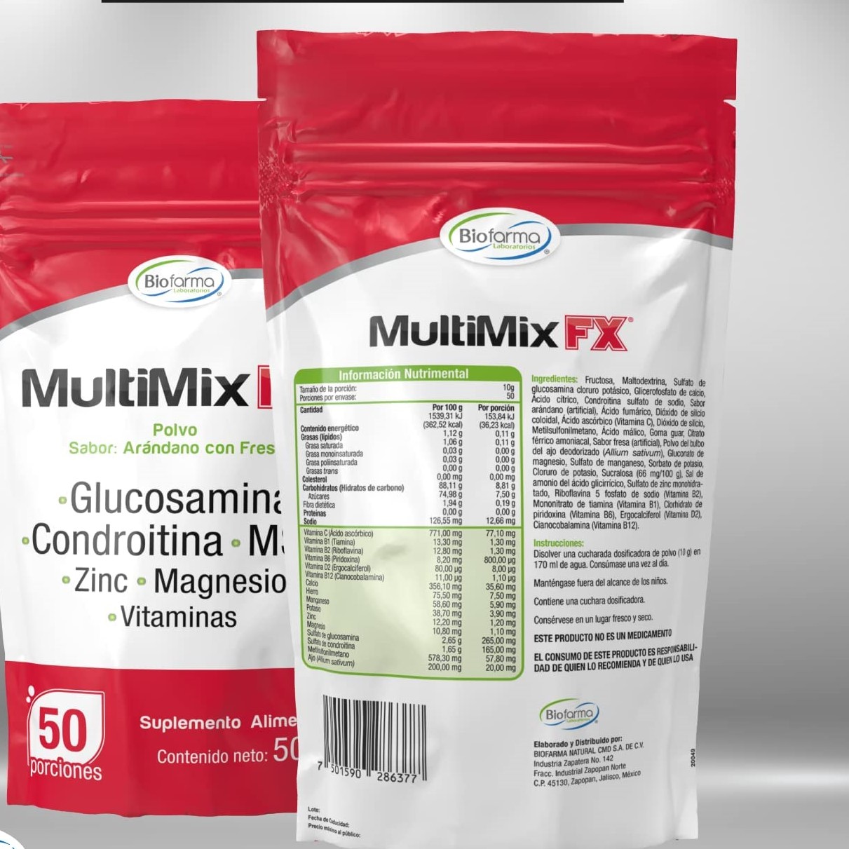 Glucosamina, Condroitina, MSM, Magnesio y Vitaminas Bolsa 500 gr. Polvo. Rinde 50 porciones