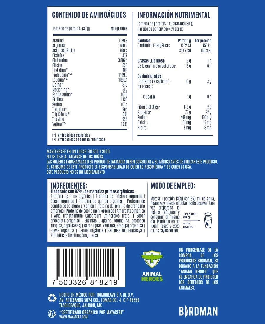 PROTEÍNA ORGÁNICA VEGANA CHOCOLATE 1.5KG BIRDMAN FALCON