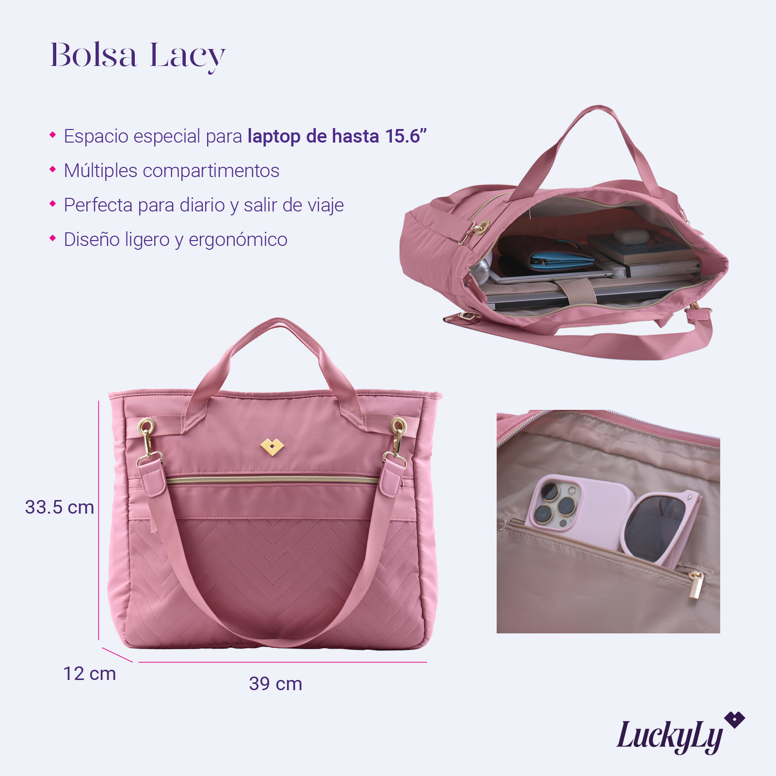 LuckyLy Bolsa para Laptop Mujer hasta 15.6 Pulgadas, Moderna con Múltiples Compartimentos, Modelo Lacy, Rosa