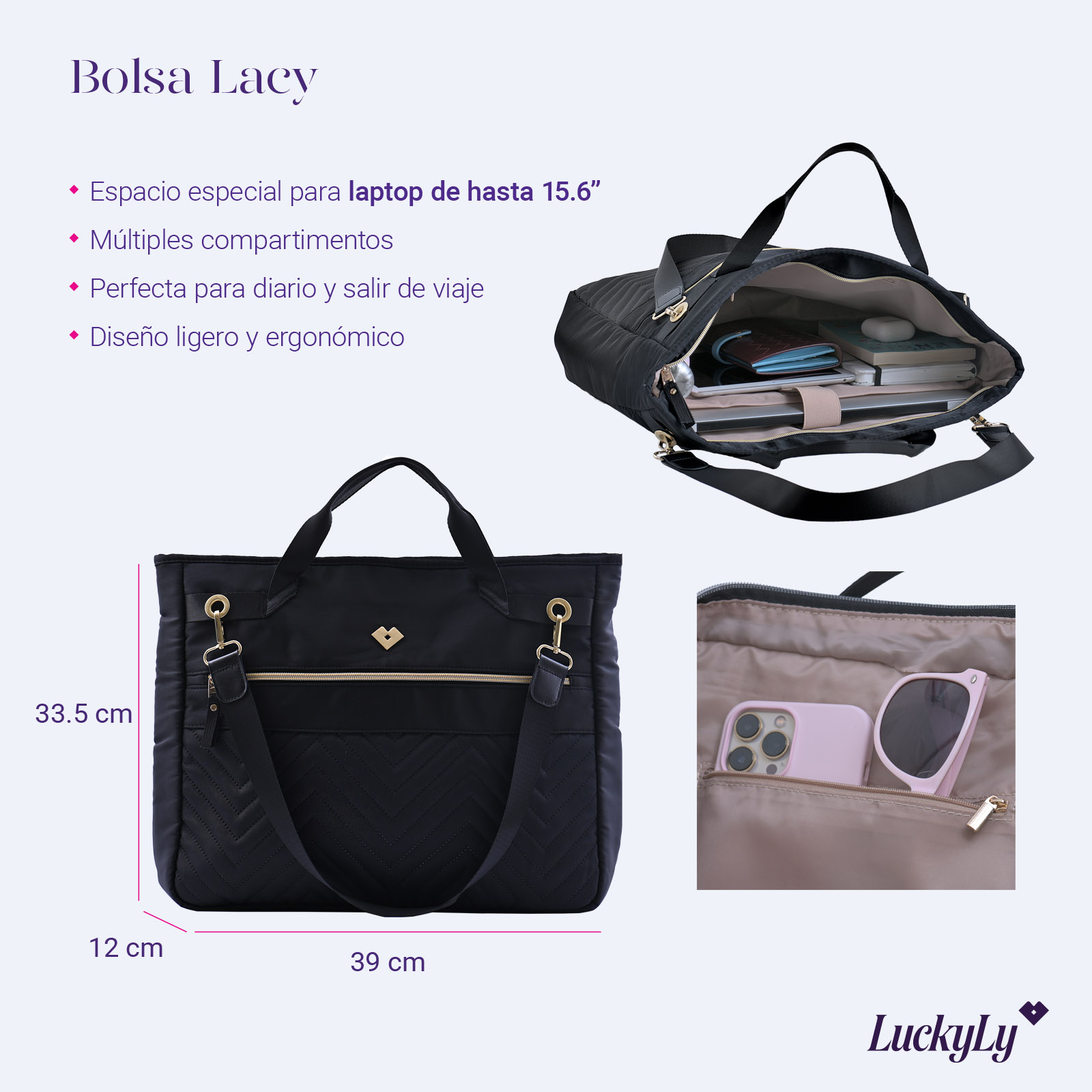 LuckyLy Bolsa para Laptop Mujer hasta 15.6 Pulgadas, Moderna con Múltiples Compartimentos, Modelo Lacy, Negro