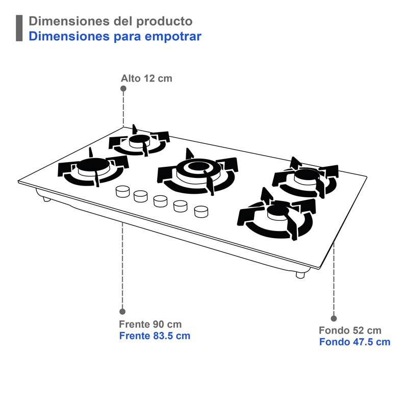Parrilla de gas empotrable de 5 quemadores SUPRA ONIX parrilla a gas de 90cm con cubierta de cristal templado negro