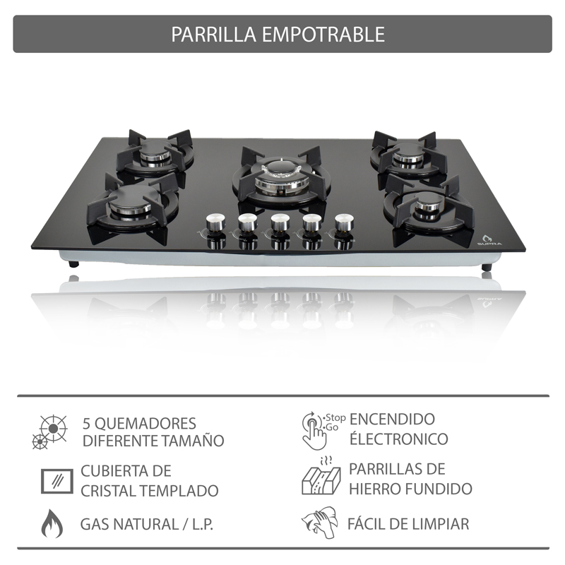 Parrilla de gas empotrable de 5 quemadores SUPRA ONIX parrilla a gas de 90cm con cubierta de cristal templado negro