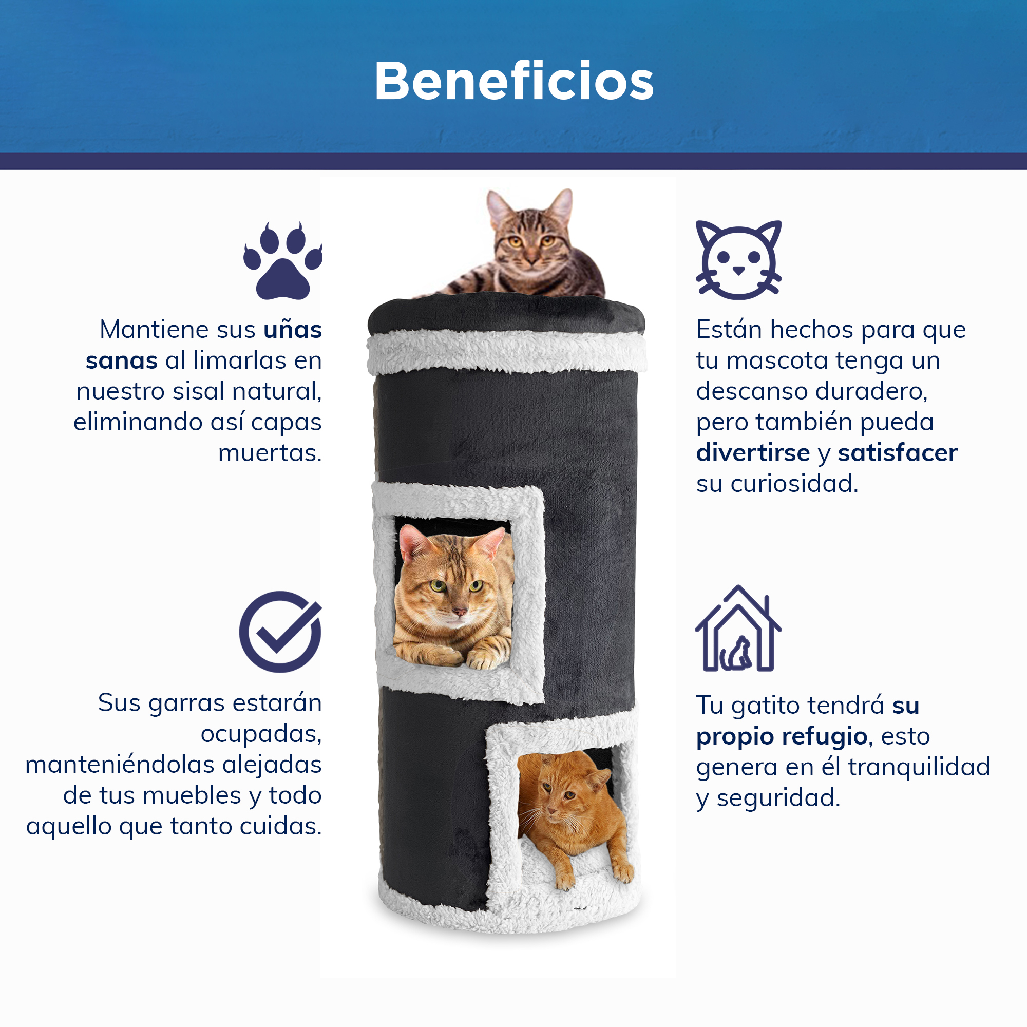 Casa Torre Mueble Rascador Para Gatos Cama 3 Niveles Todo en 1