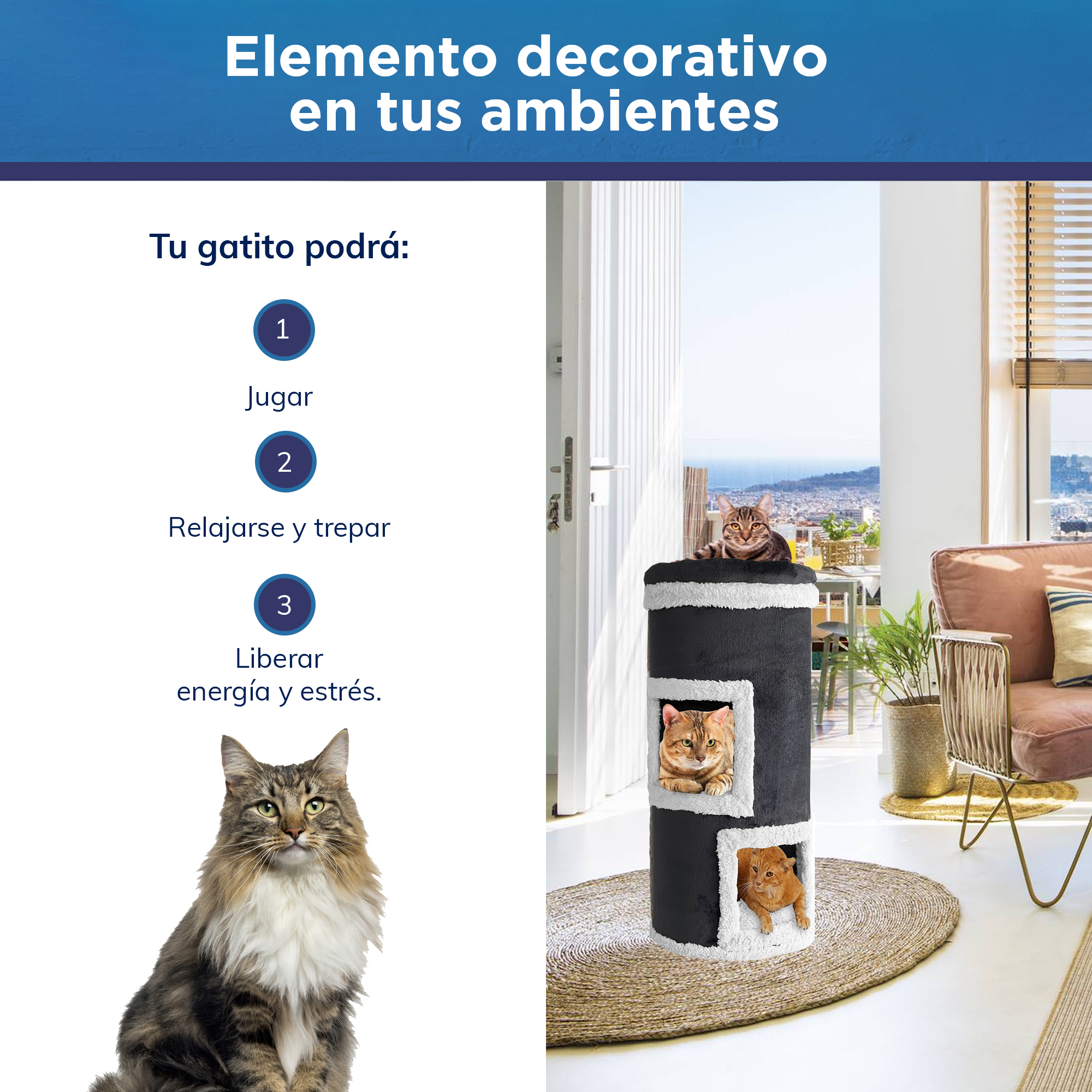 Casa Torre Mueble Rascador Para Gatos Cama 3 Niveles Todo en 1
