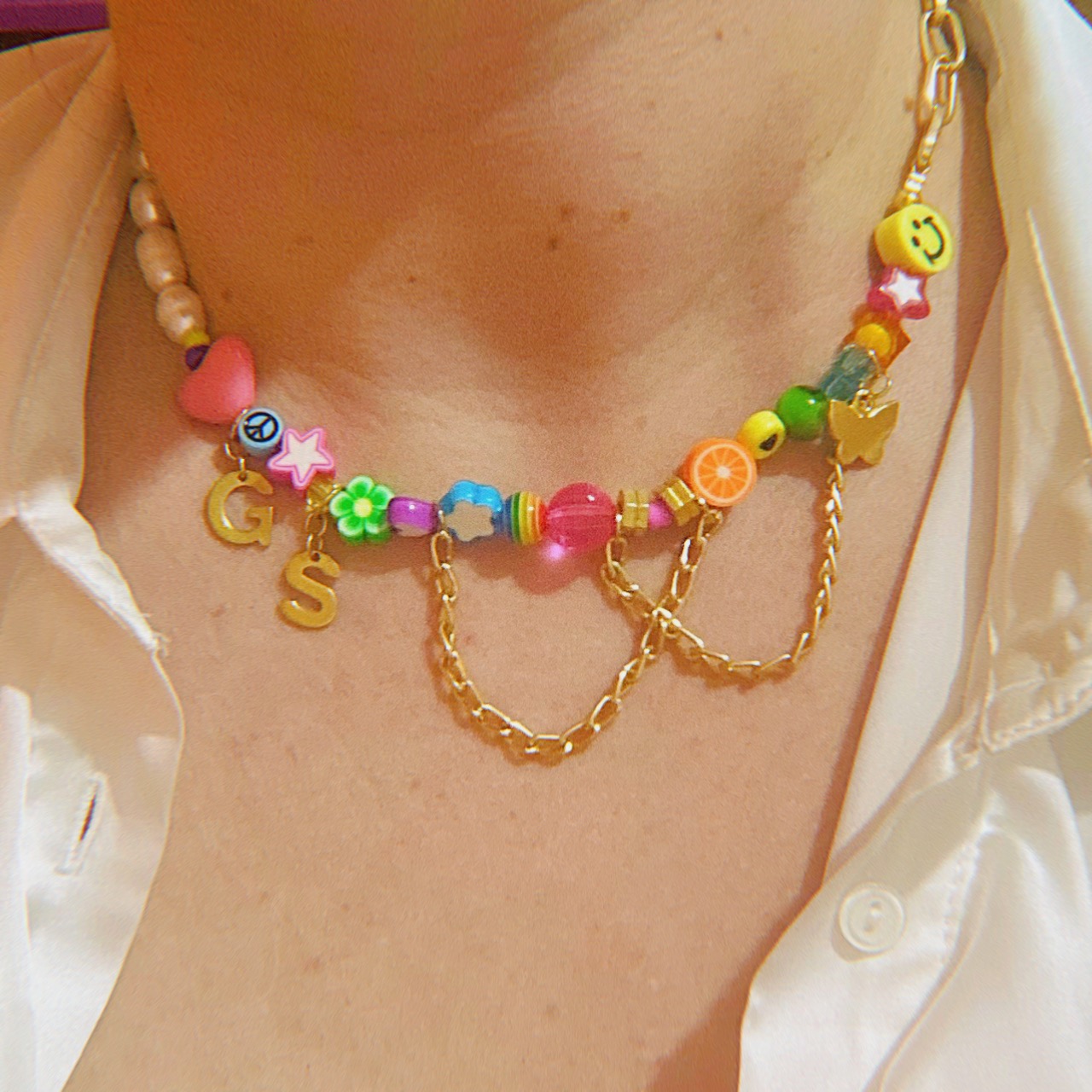 Collar de perlas naturales y abalorios de colores Smiley Carita Feliz cadena dorada Mujer regalo