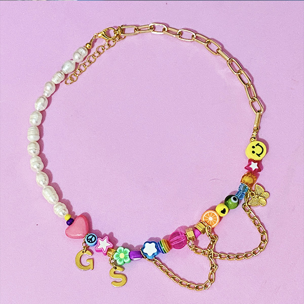 Collar de perlas naturales y abalorios de colores Smiley Carita Feliz cadena dorada Mujer regalo