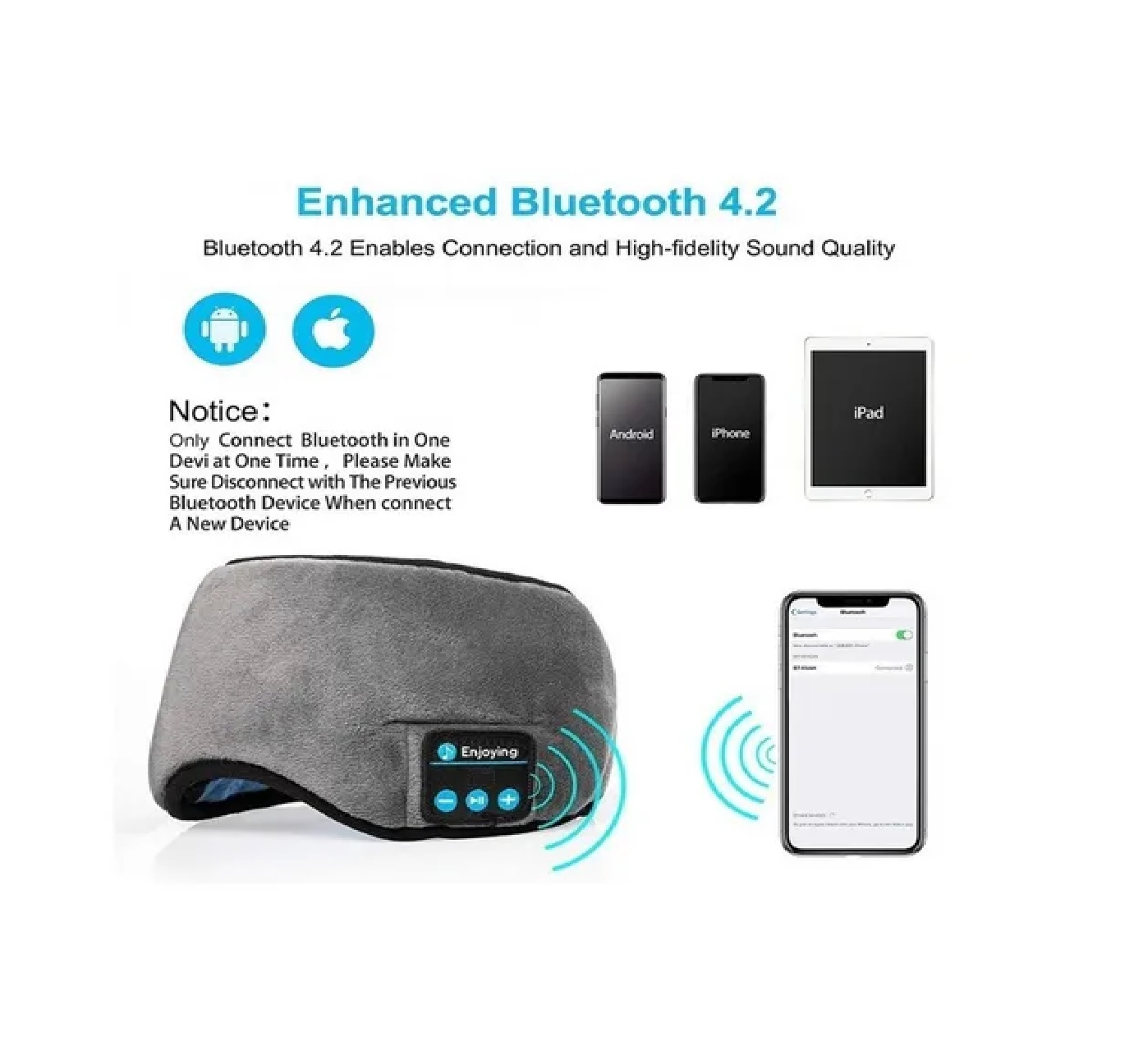 Antifaz Para Dormir Cubre Ojos Bluetooth Musica Gris