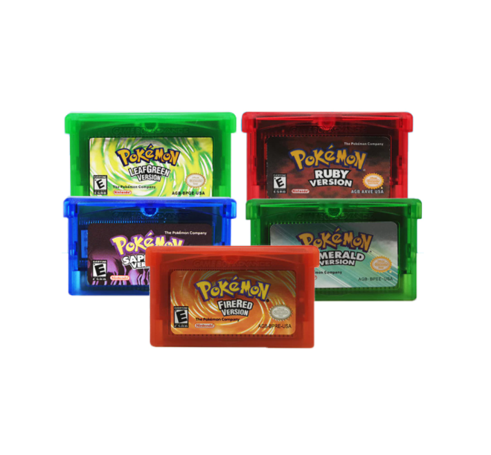 Paquete 5 cartuchos GBA Game Boy Pokémon Esmeralda, Rubí, Záfiro, Verde Hoja & Fuego Rojo Español